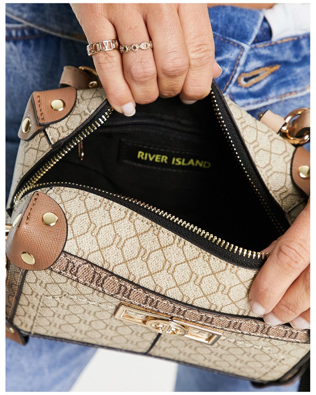 River Island Vierkante Crossbody Tas Met Monogram in het Naturel Lyst NL