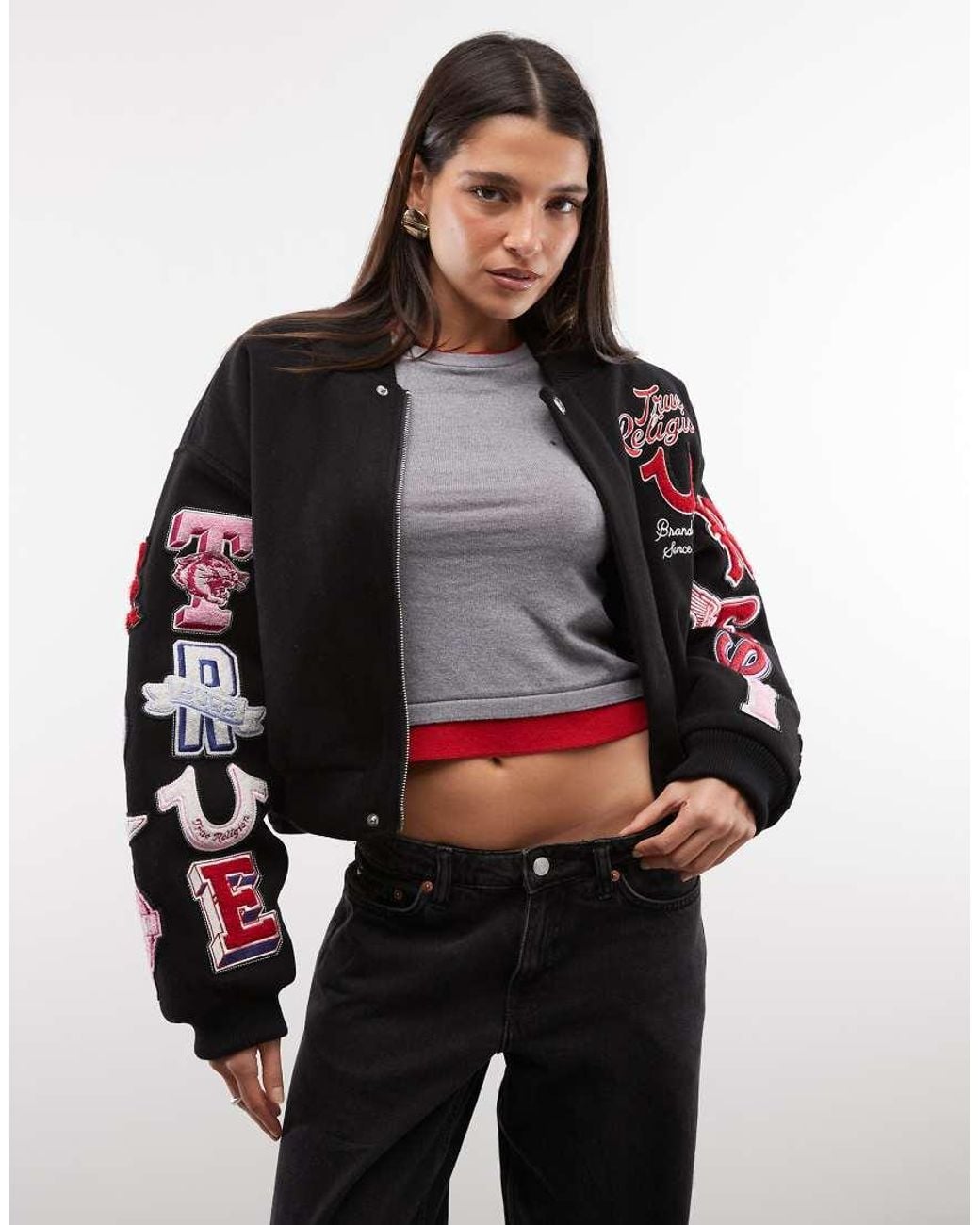 True Religion Black Embriodered Logo Relaxed Fit Hooded Varisty Bomber Jacket With Hood