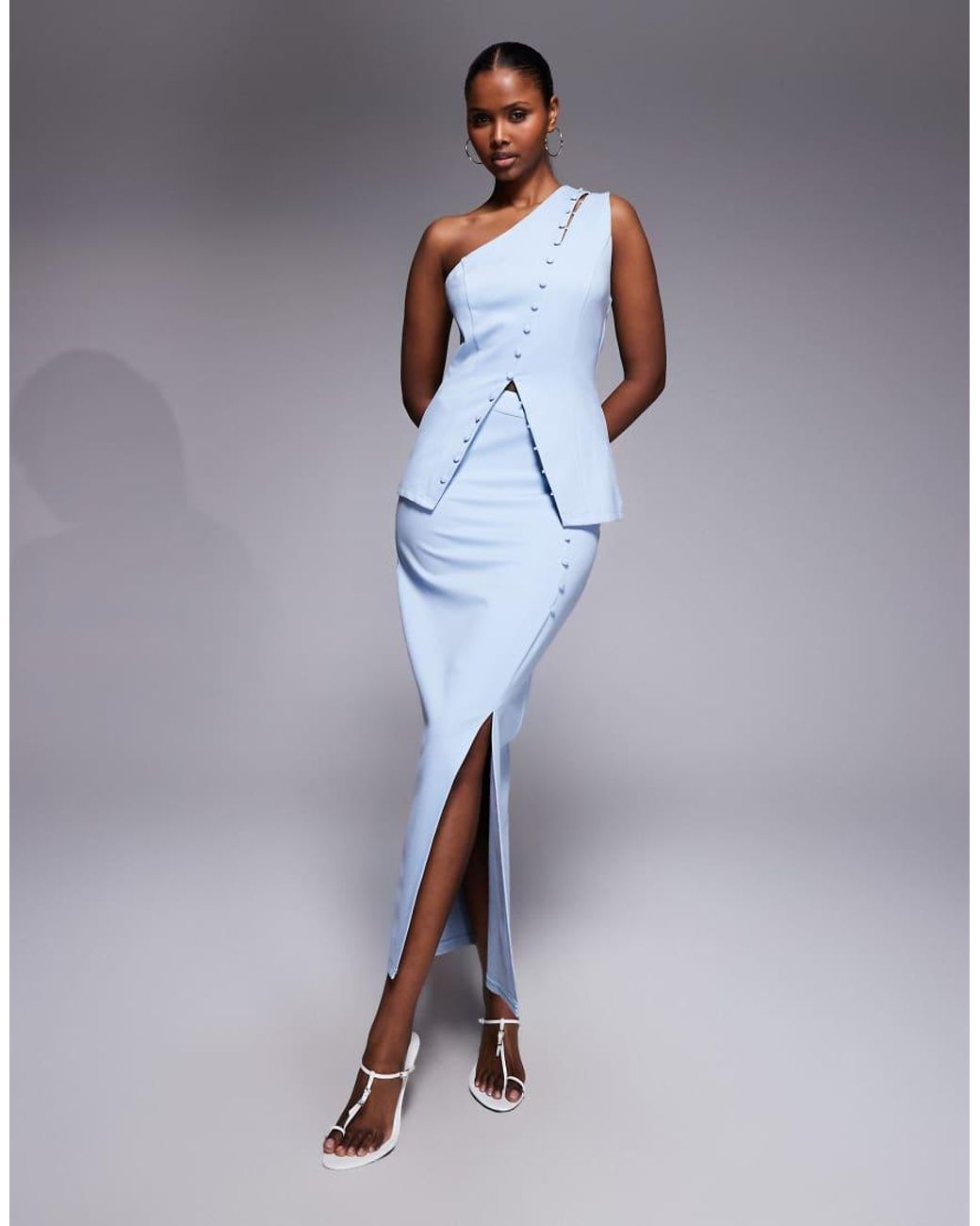 Kaiia Blue Exclusive Structured Asymmetric Shoulder Button Through Detail Split Front Top Co-ord