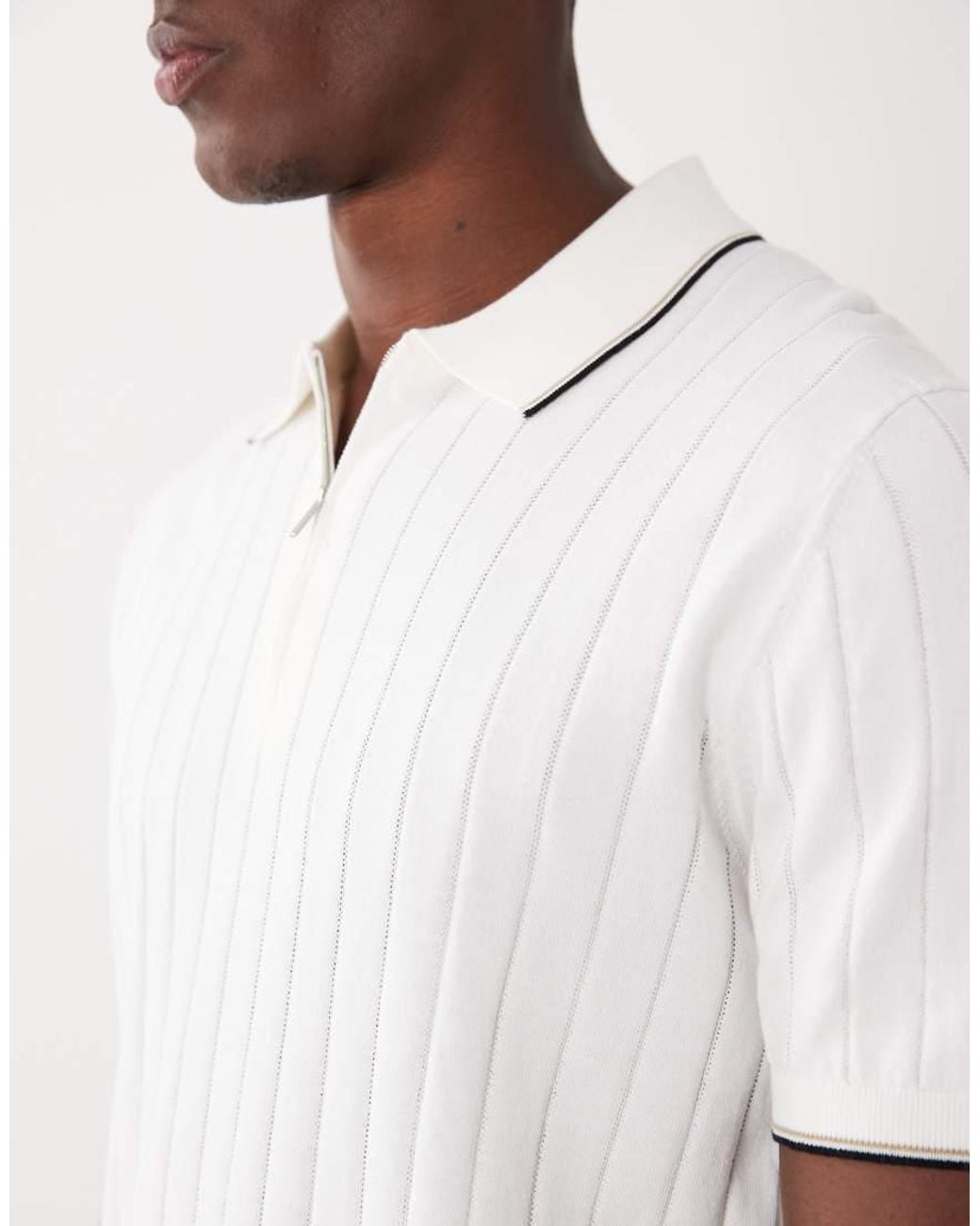 Mango White Ribbed Knit Quarter Zip Polo With Contrast Trim for men