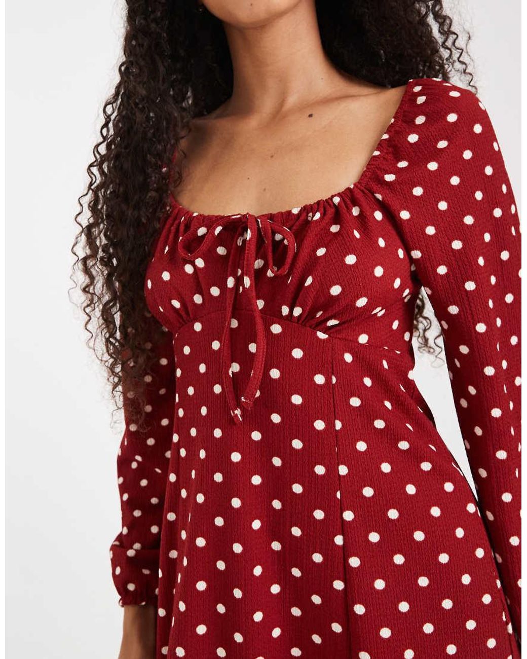 New Look Red Polka Dot Long Sleeve Milkmaid Mini Dress