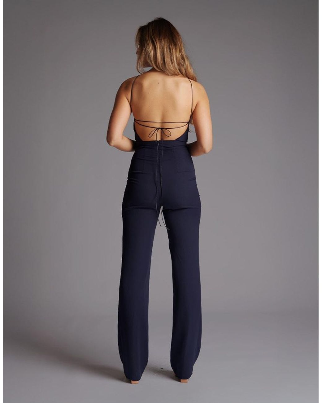 Vesper Blue Halterneck Open Back Wide Leg Jumpsuit
