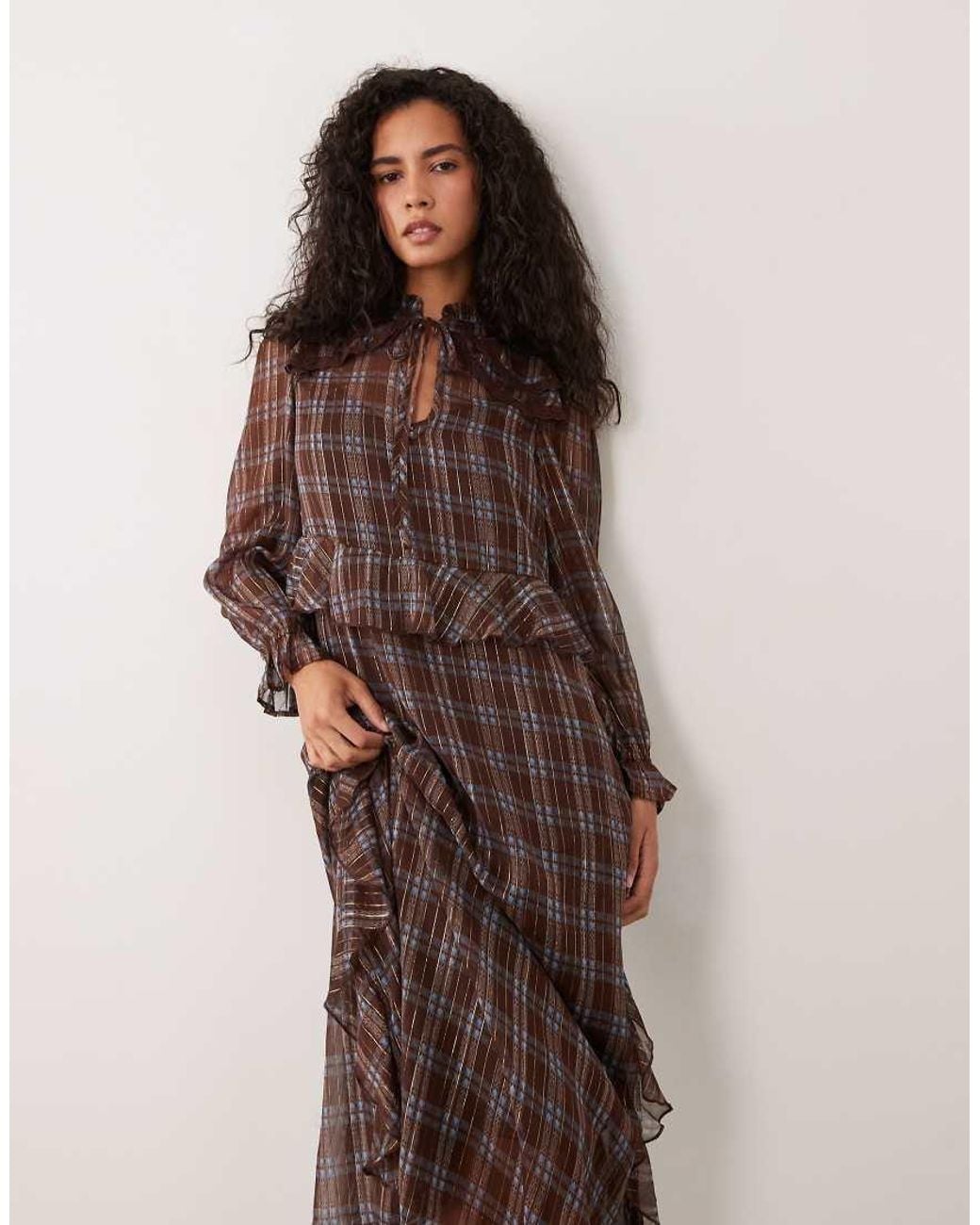Wednesday's Girl Brown Long Sleeve Ruffle Midaxi Dress With Lace Detail