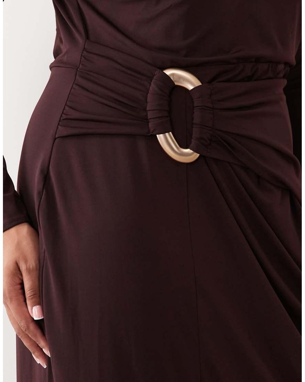 Tfnc Plus Brown Slinky High Neck Long Sleeve High Split Trim Detail Maxi Dress