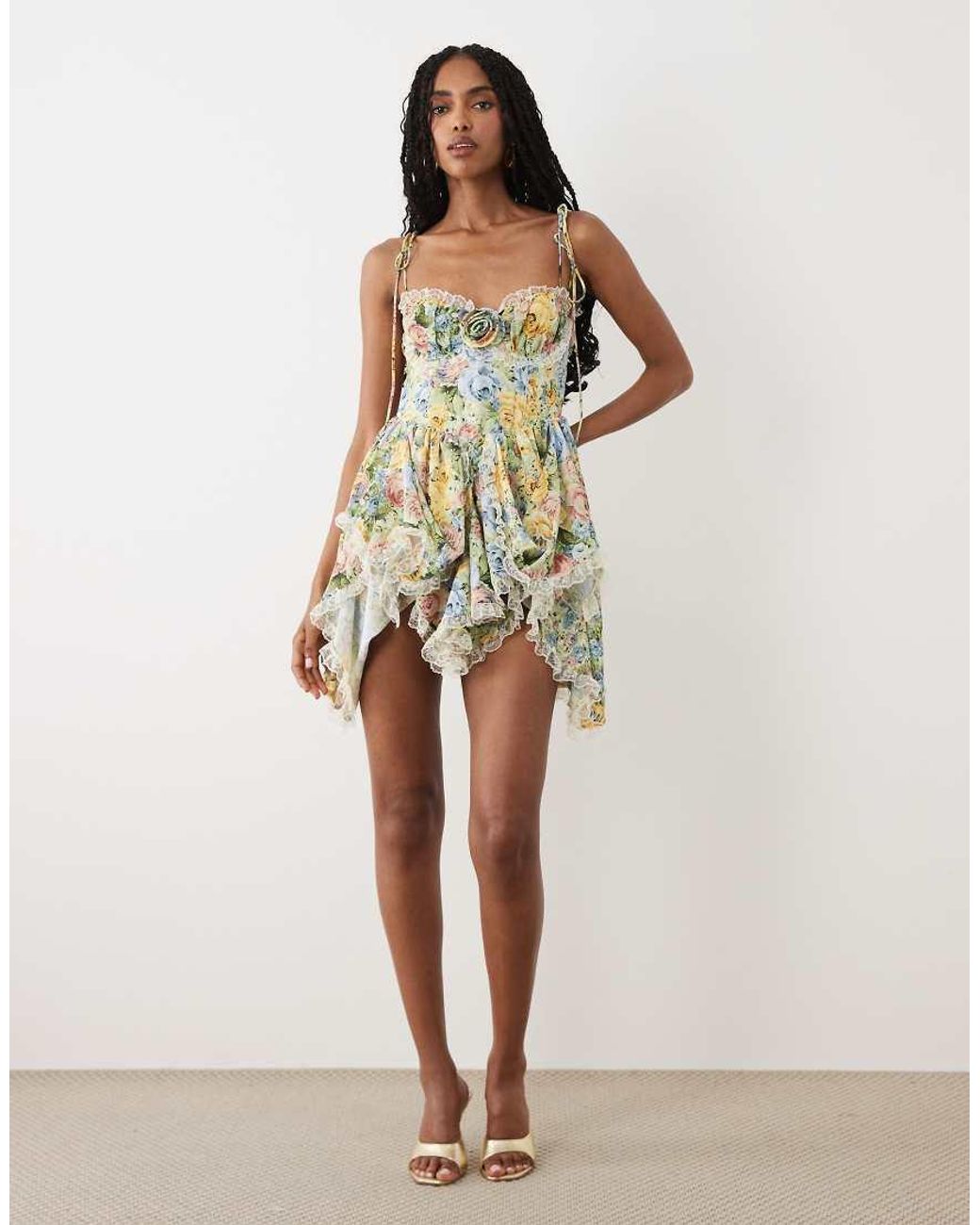 For Love & Lemons White Elea Rosette Detail Sweetheart Neck Mini Dress