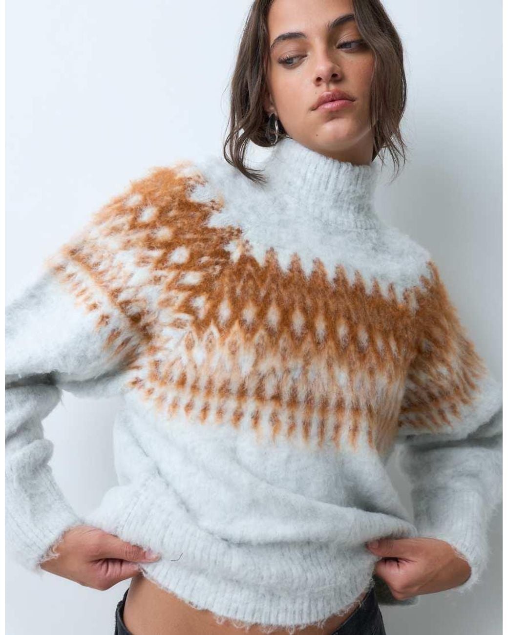 ASOS Gray Knitted Funnel Neck Fairisle Jumper With Balloon Sleeves
