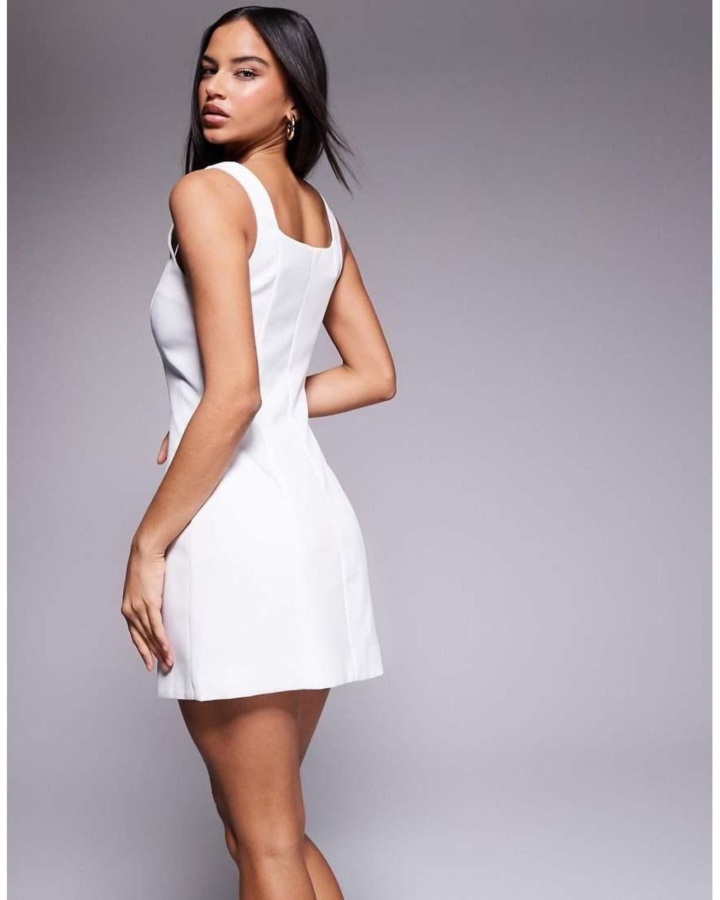 Kaiia White Exclusive Tailored Square Neck Button Detail Mini Dress