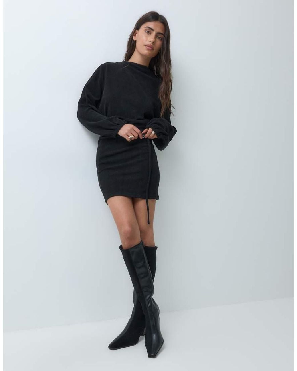 ASOS Black Soft Cord Slash Neck Belted Mini Dress
