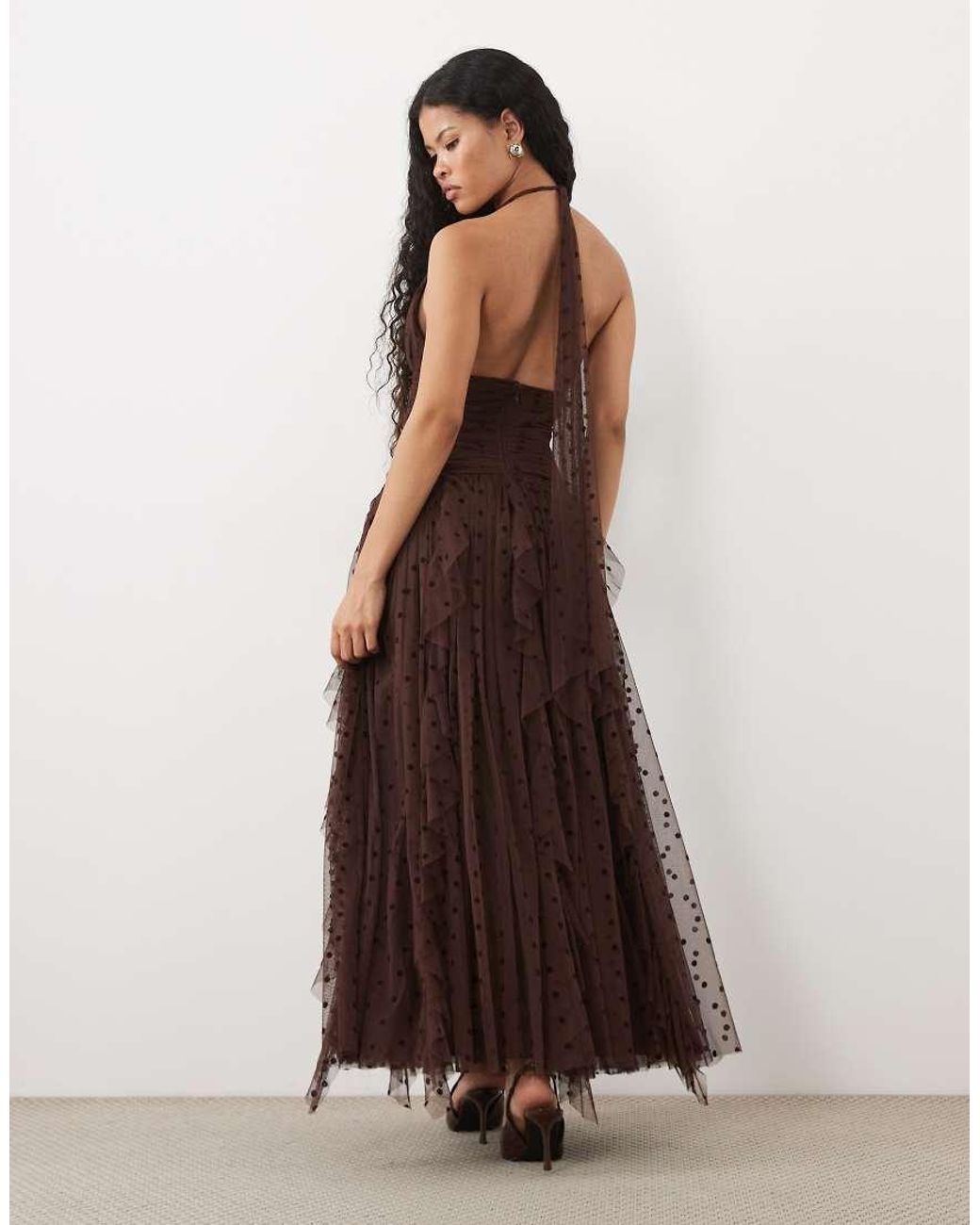 LACE & BEADS Brown Dobby Halter Neck Ruffle Skirt Maxi Dress