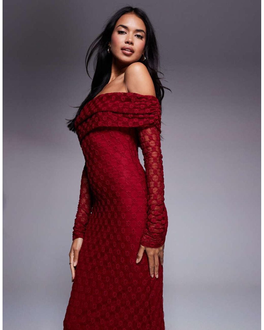 Bardot Red Adoni Flocked Off The Shoulder Long Sleeve Maxi Dress