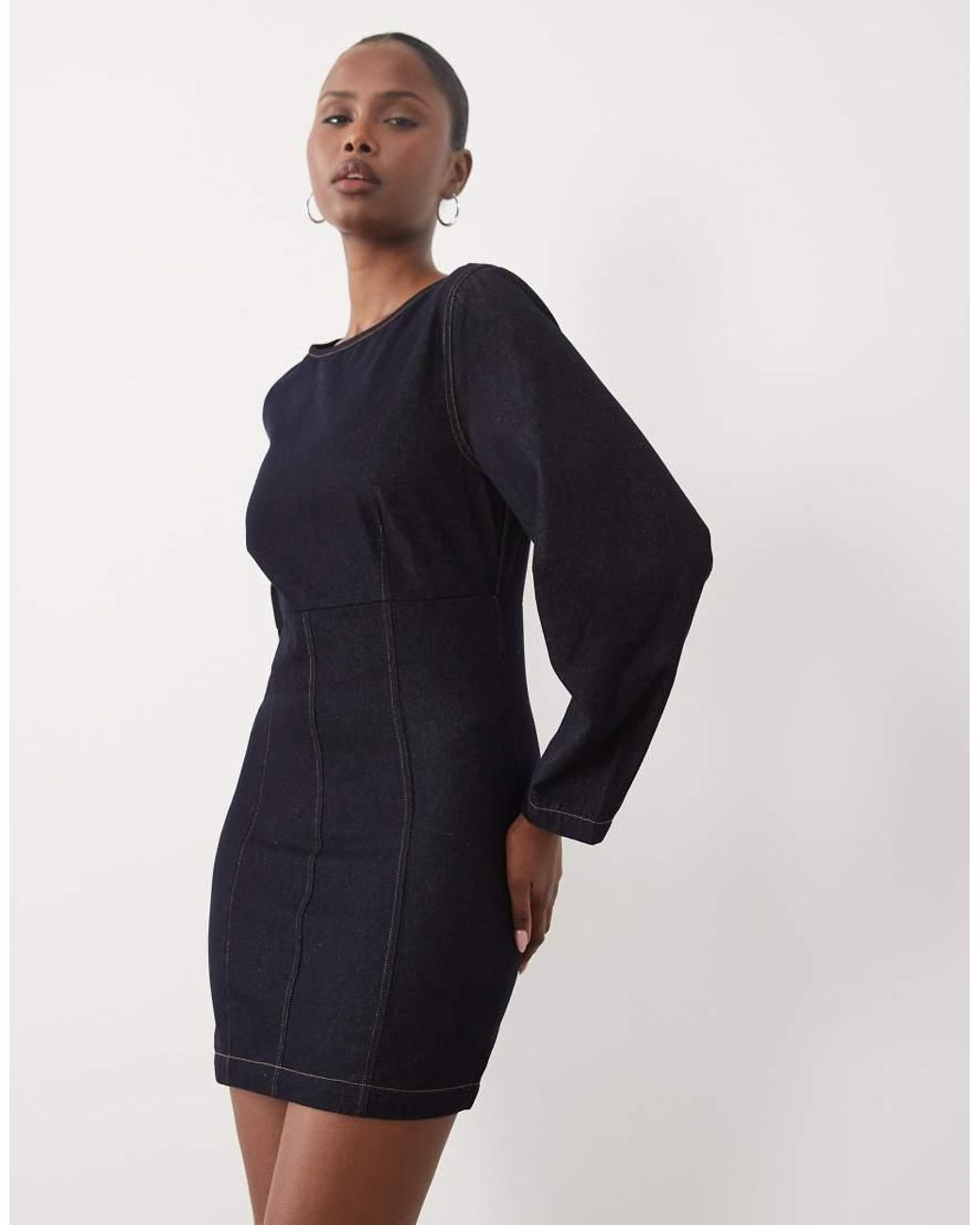 The Frolic Black Exclusive Denim Cinched Waist Balloon Sleeve Mini Dress