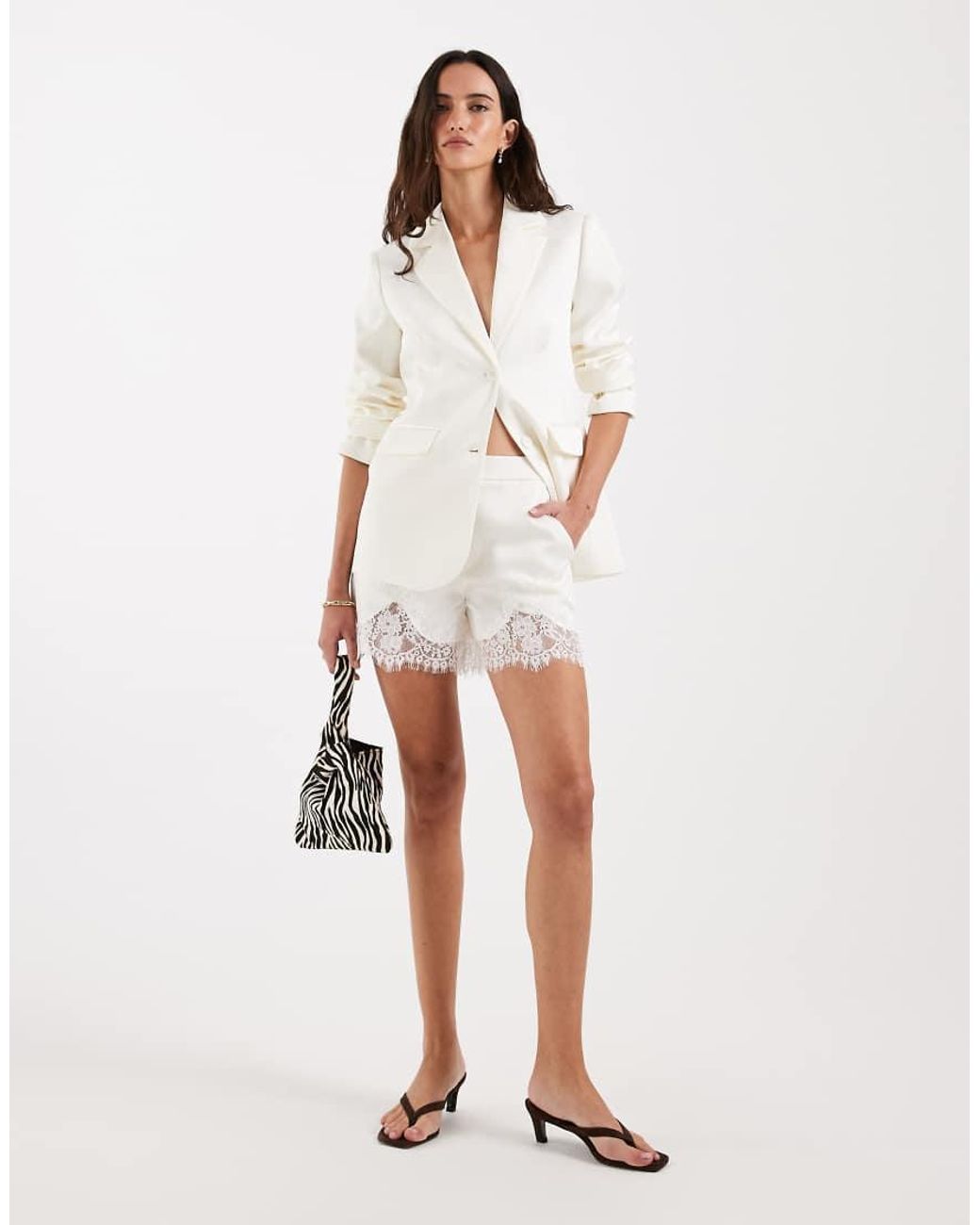 4th & Reckless Natural Satin Lace Trim Shorts Co-ord