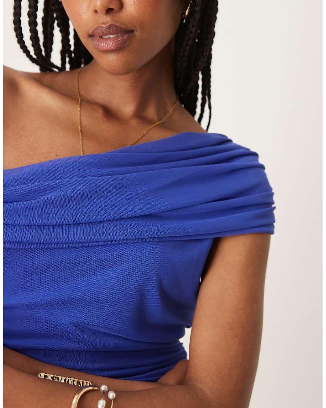 Forever New Blue Mesh Ruched Asymmetrical Midaxi Dress
