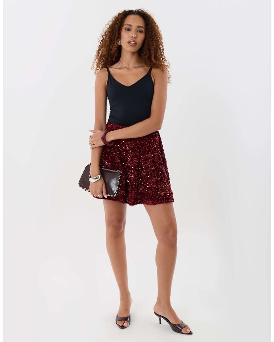 Threadbare Red Sequin Mini Swing Skirt