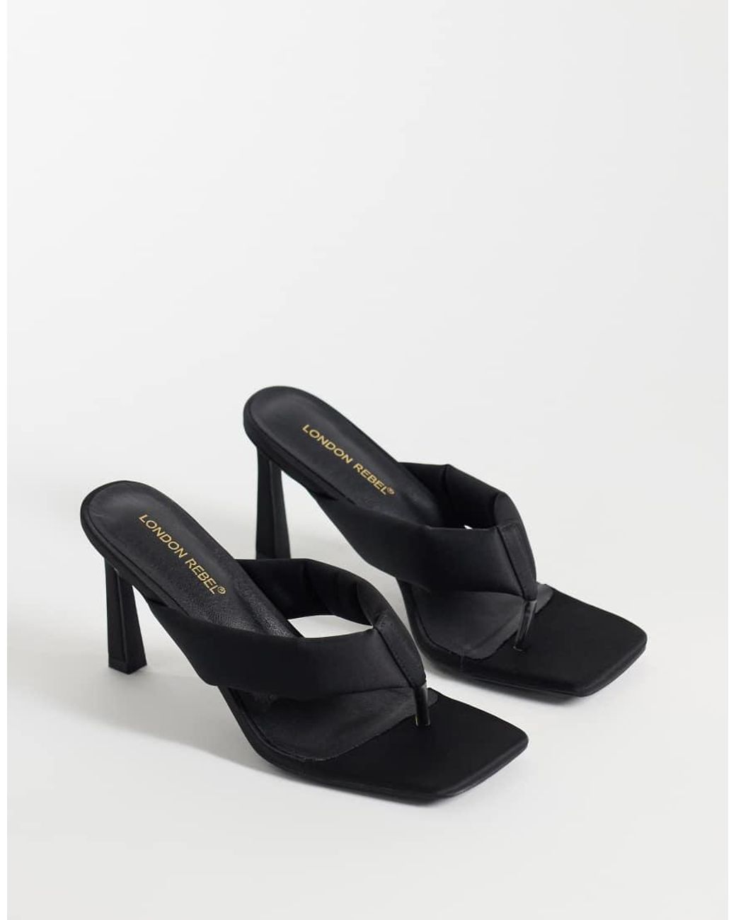 London Rebel Black Seren Satin Thong Heeled Sandals