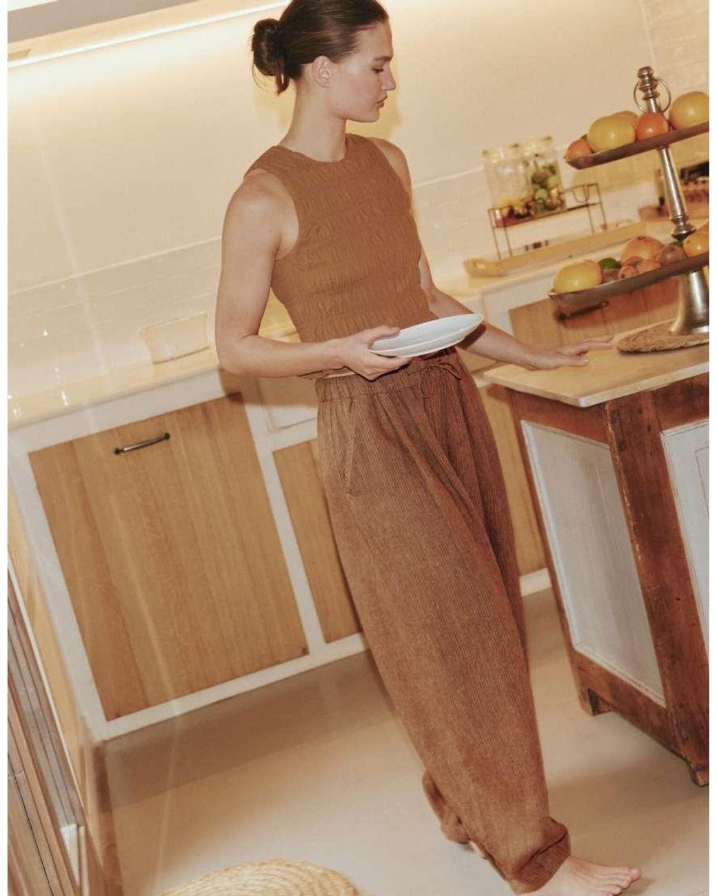 Oysho Natural 100% Linen Striped Balloon Trousers