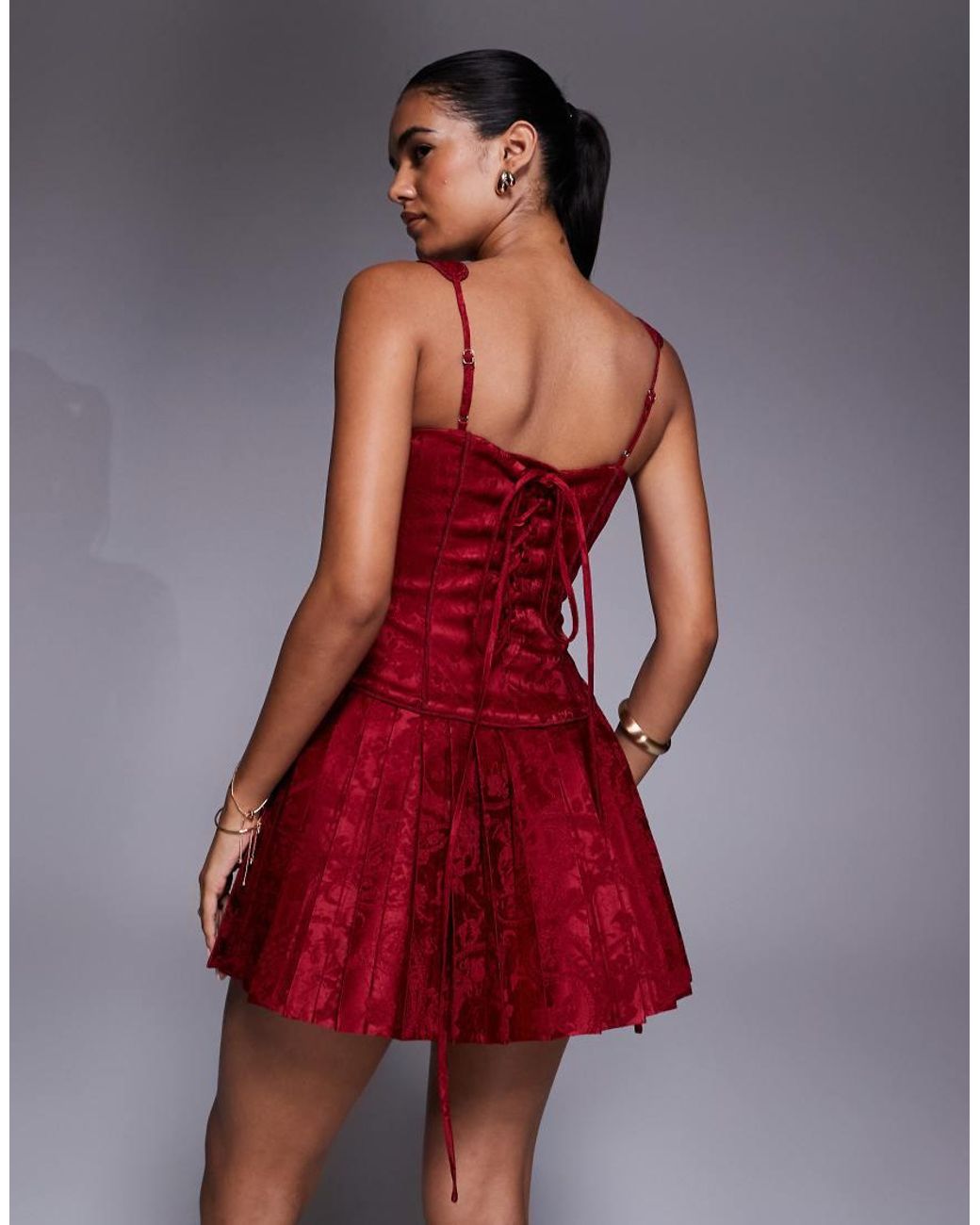 Murci Red Satin Jacquard Structu Corset Square Neck Pleated Mini Dress