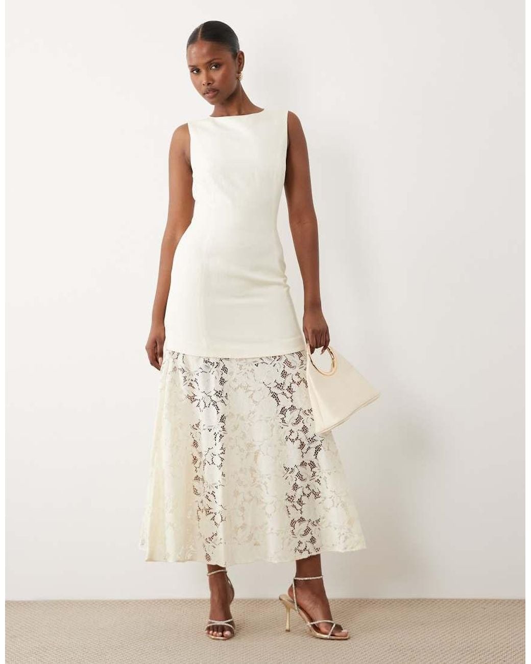 Forever New Natural Linen Mix Lace Skirt Midi Dress