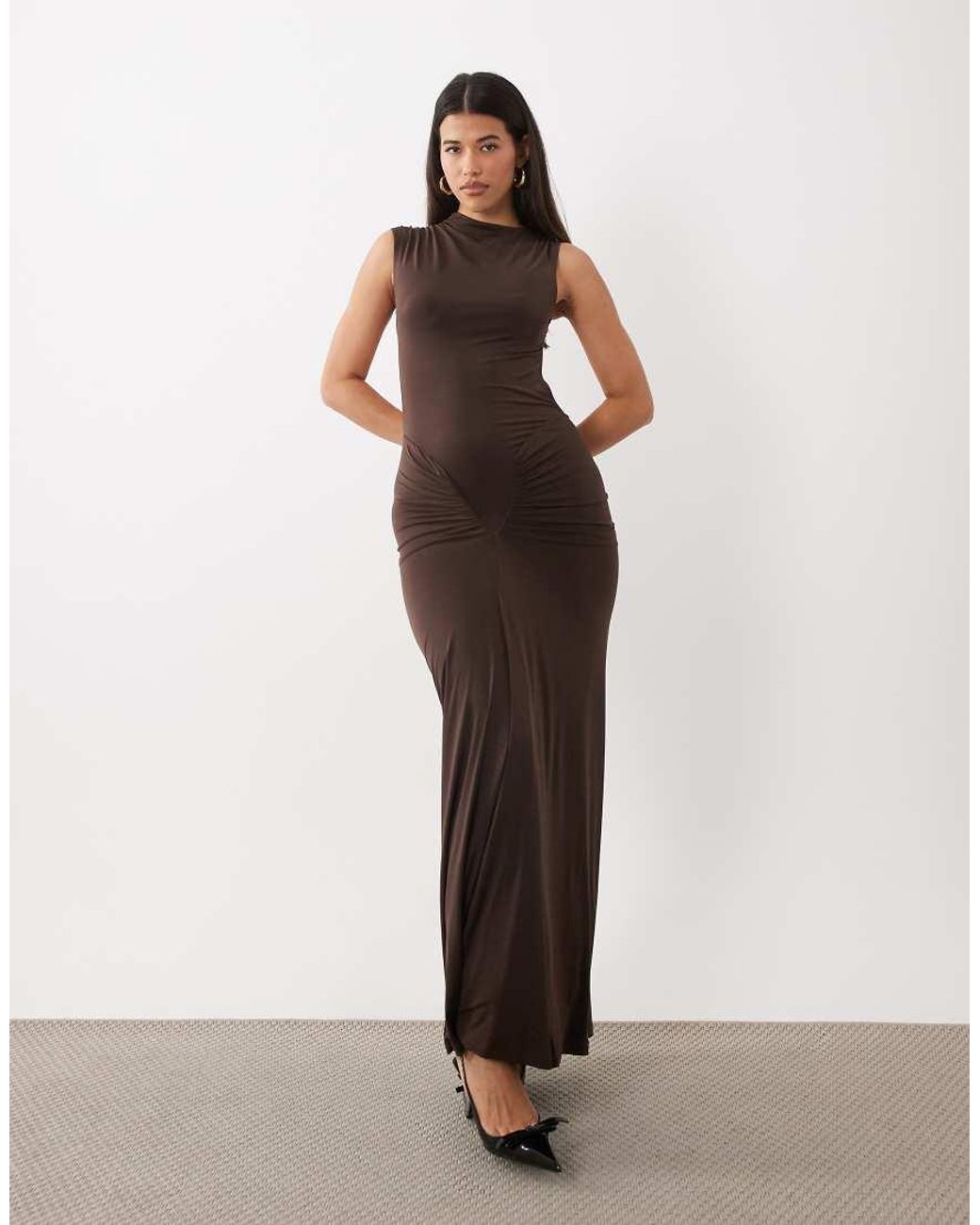 I.AM.GIA Brown Eliana Asymmetric Cap Sleeve Cinch Drape Detail Maxi Dress