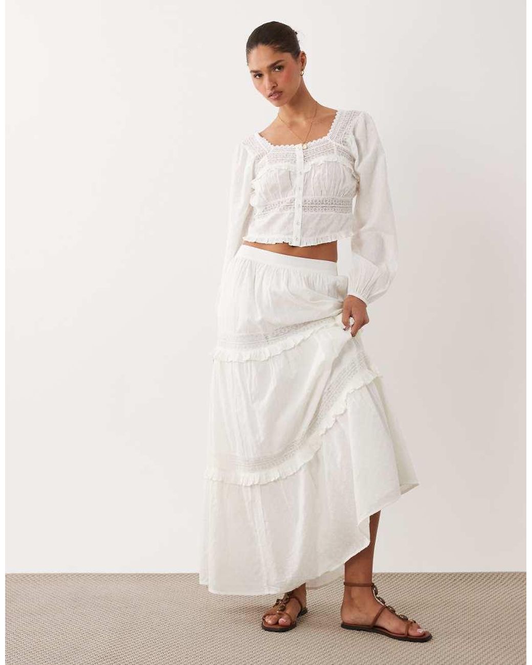 Nobody's Child White Lola Cotton Square Neck Puff Sleeve Lace Insert Top