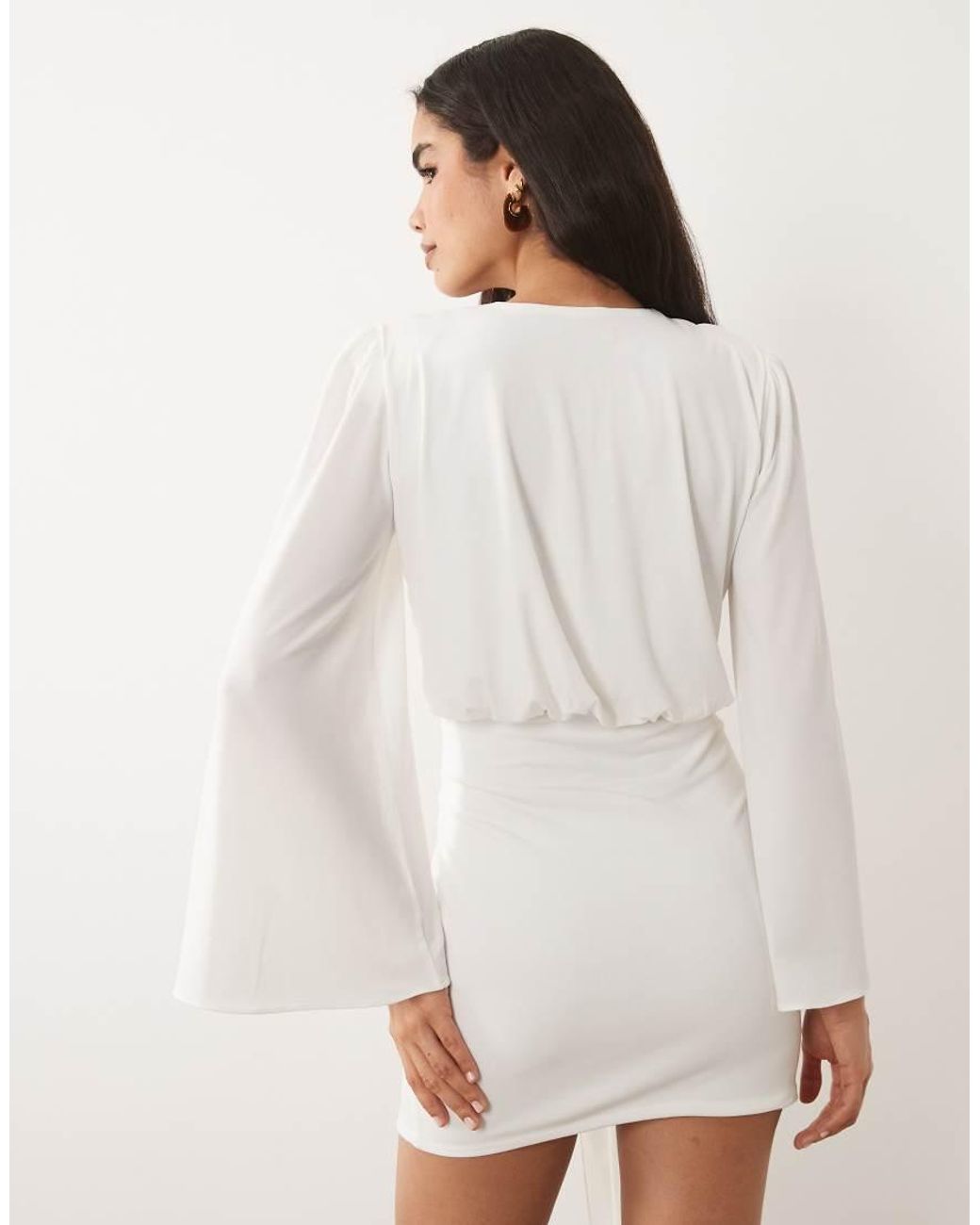 TFNC London White Slinky V Neck Shoulder Pad Drape Detail Mini Dress