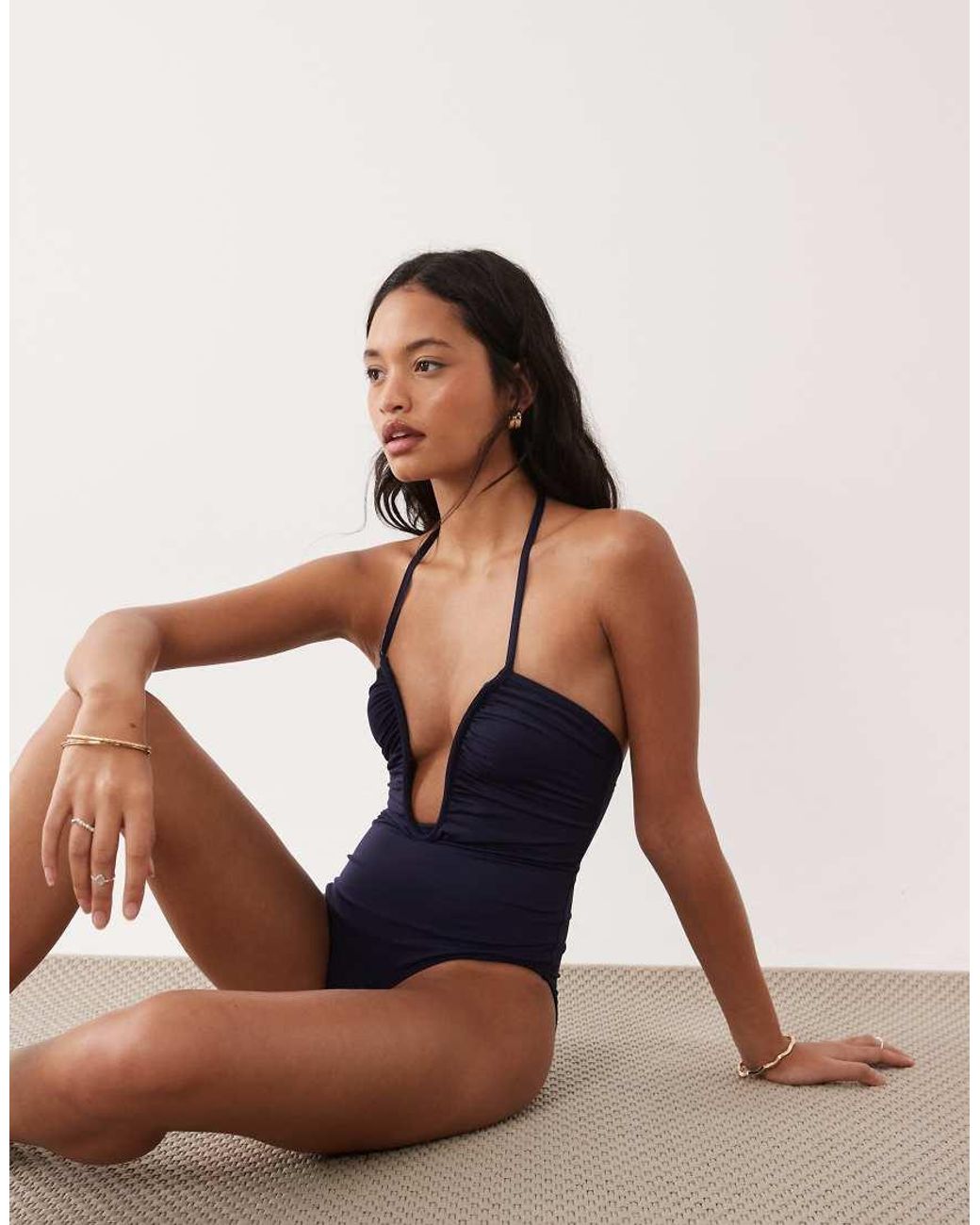 GOOD AMERICAN Blue Matte Leilani Plunging One Piece Swimsuit