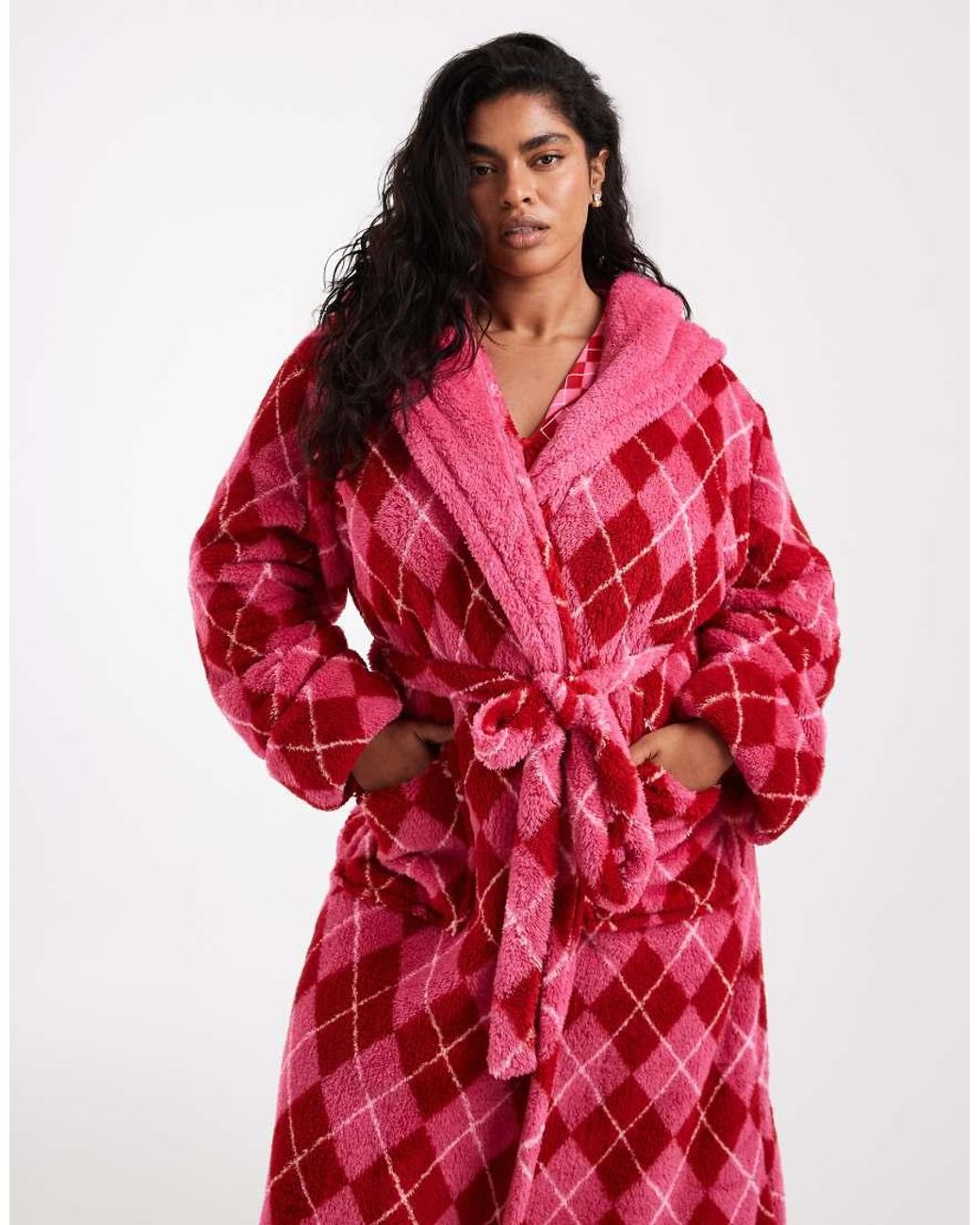 Loungeable Red Curve Cosy Hooded Midi Dressing Gown