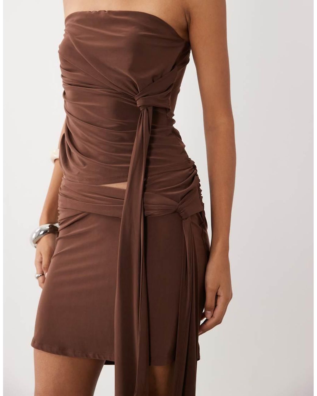 ASOS Brown Co-Ord Slinky Bandeau Crop Top With Fringe Drape Detail