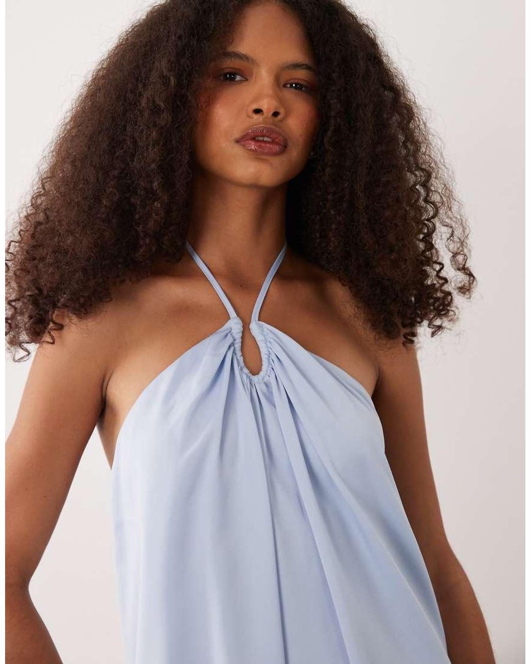 SNDY'S Blue Halterneck Asymmetric Drape Low Back Mini Dress