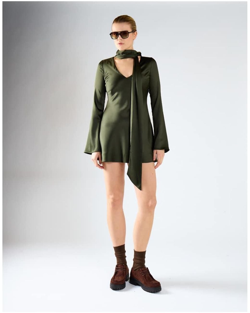 Glamorous Green Long Sleeve Mini Dress With Scarf Detail