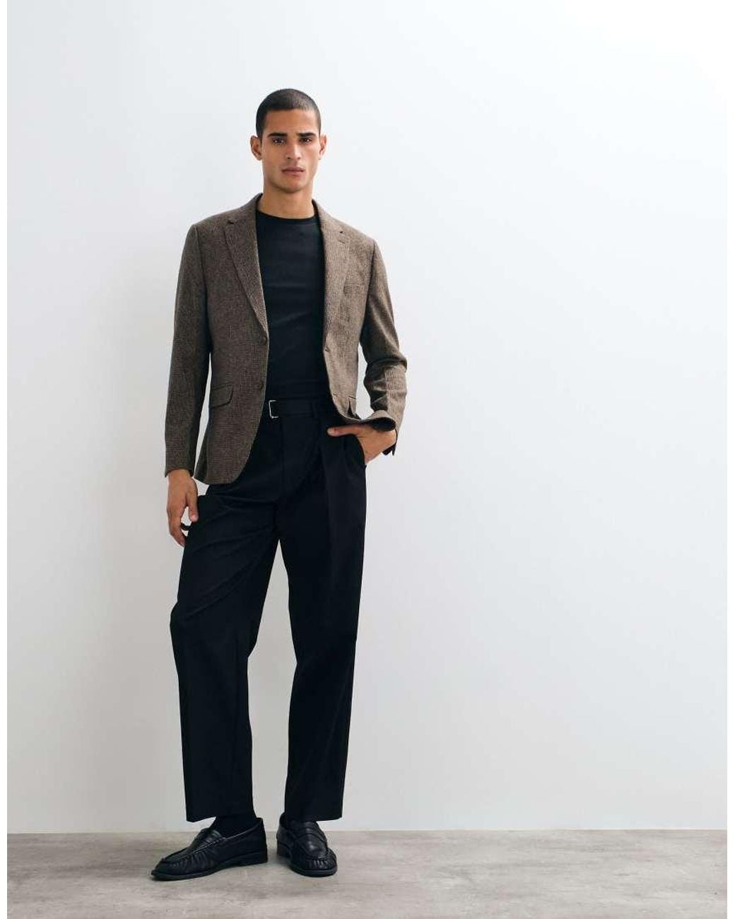 SELECTED Gray Set Slim Fit Wool Blend Check Blazer for men