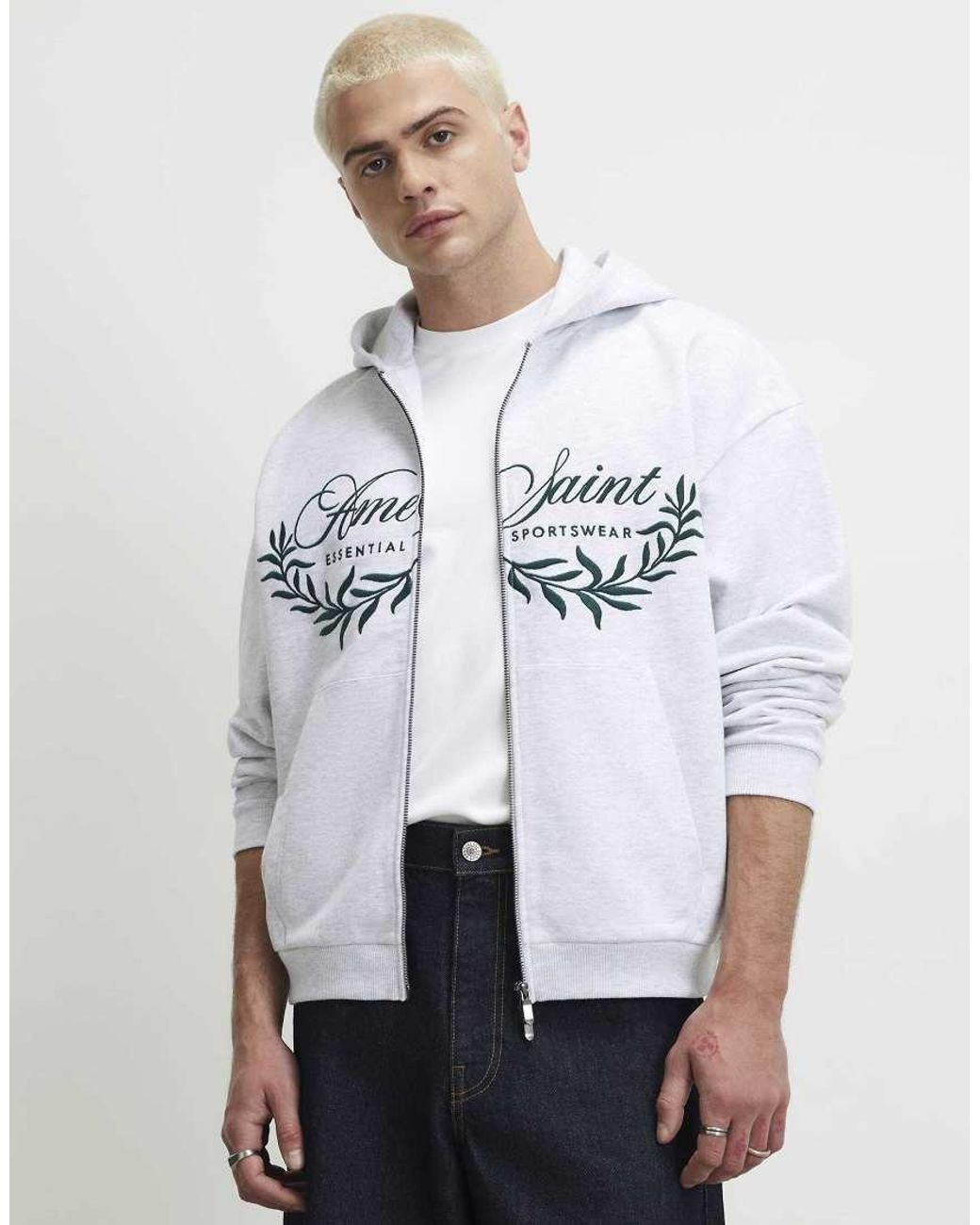 River Island White Oversized Fit Cotton Ame Saint Hoodie for men