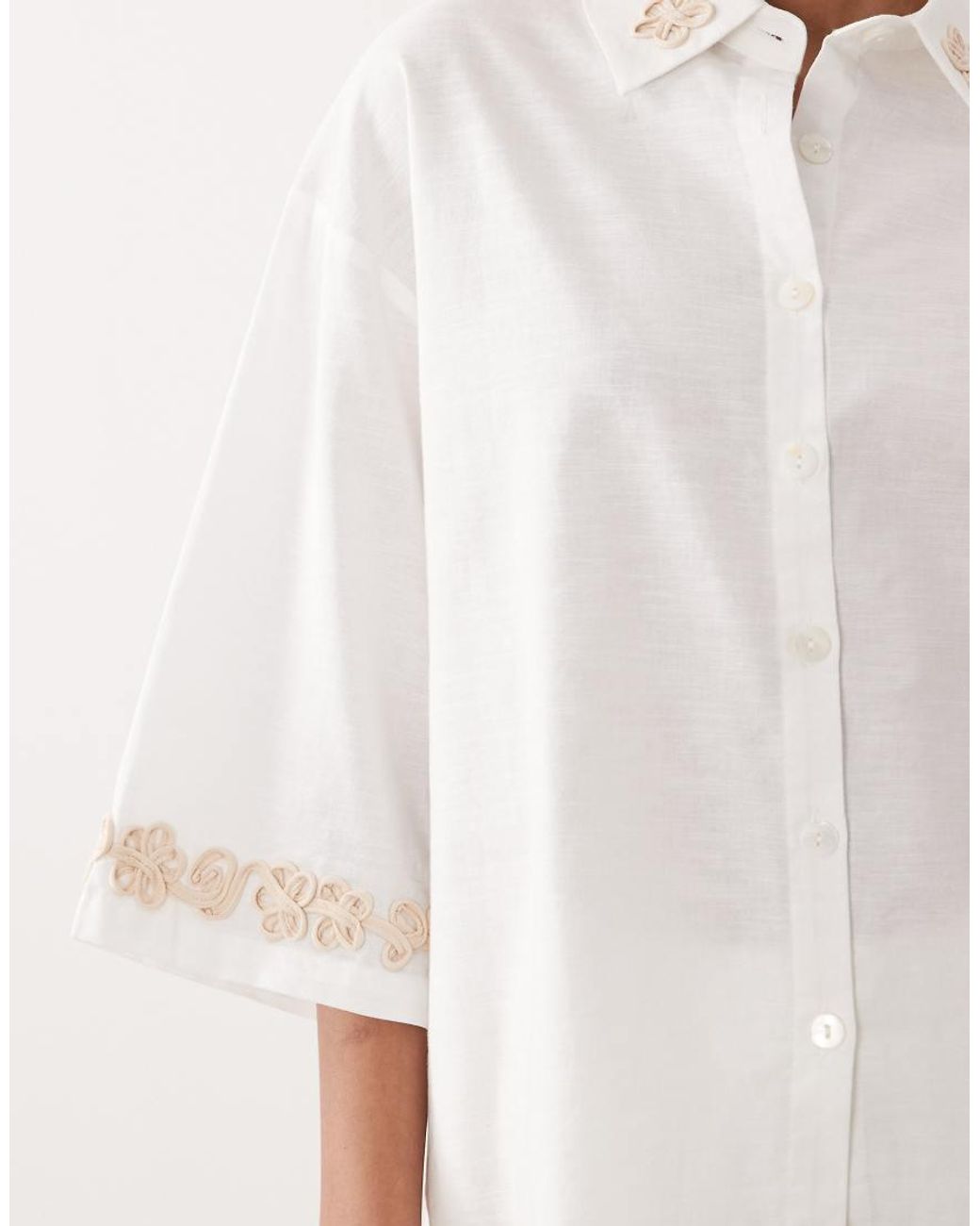 SNDY'S Natural Linen & Cotton Blend Flower Applique Trim Oversized Shirt
