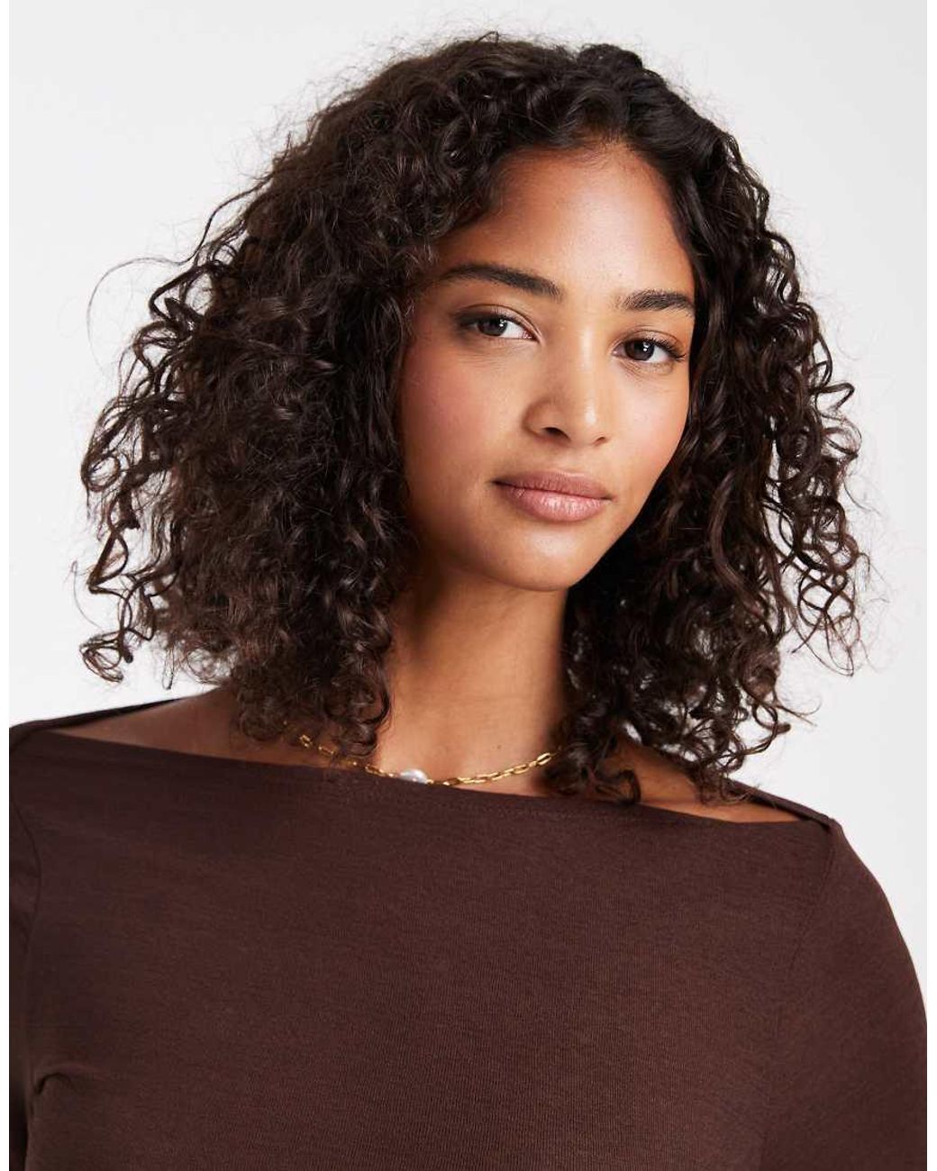 ASOS Brown Textured Mesh Slash Neck Long Sleeve Top