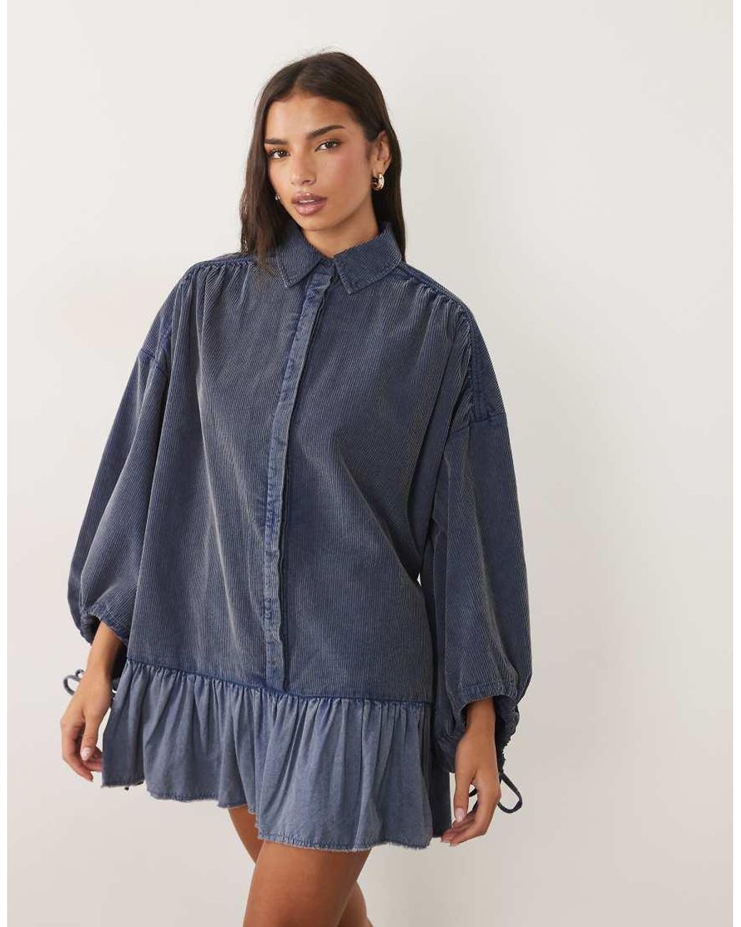 ASOS Blue Hybrid Cord Shirt Mini Dress With Balloon Sleeve And Voile Hem