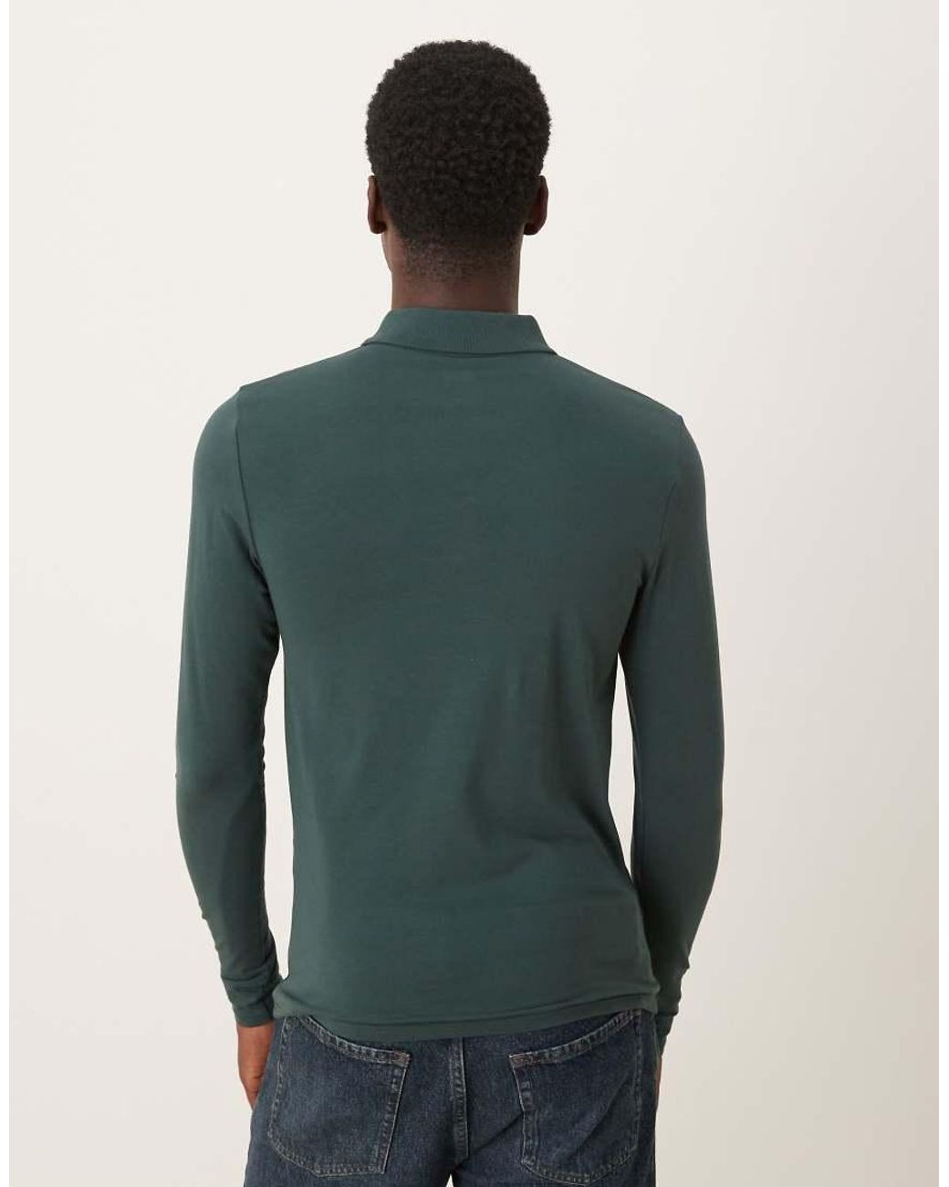 ASOS Green Essentials Muscle Fit Long Sleeve Polo for men