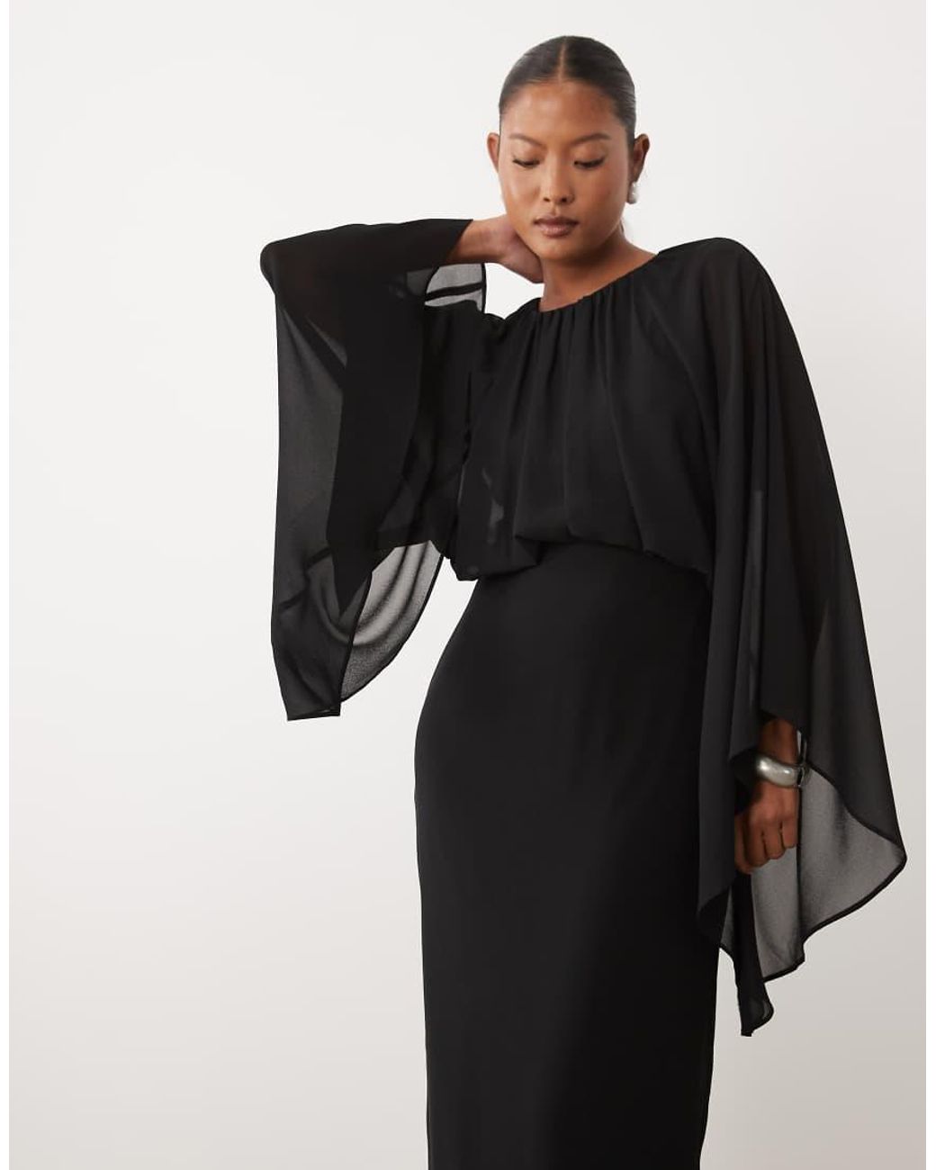 TFNC London Black Chiffon Cape Detail Long Sleeve Maxi Dress