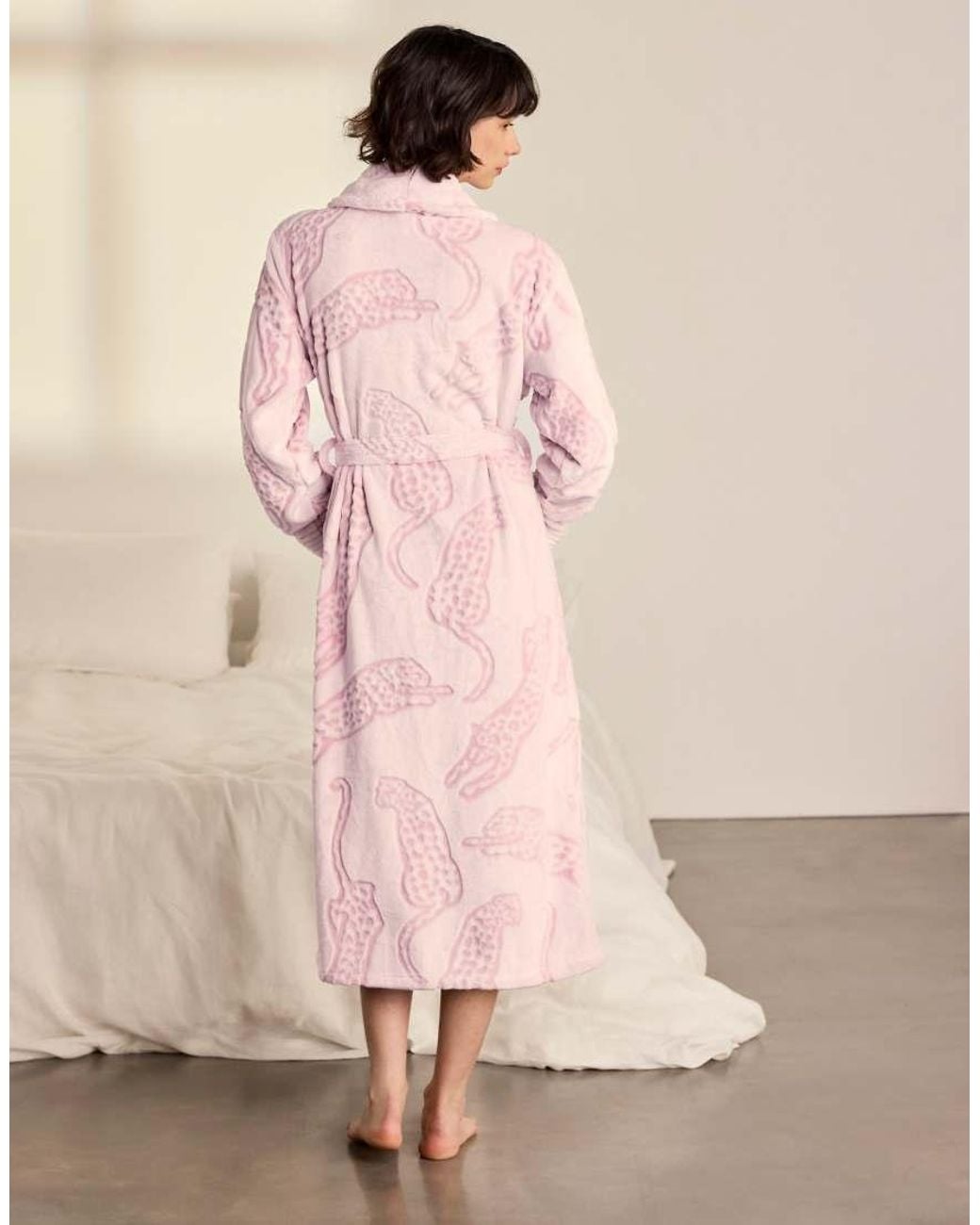 Chelsea Peers Pink Fleece Burnout Lino Cut Leopard Print Long Dressing Gown