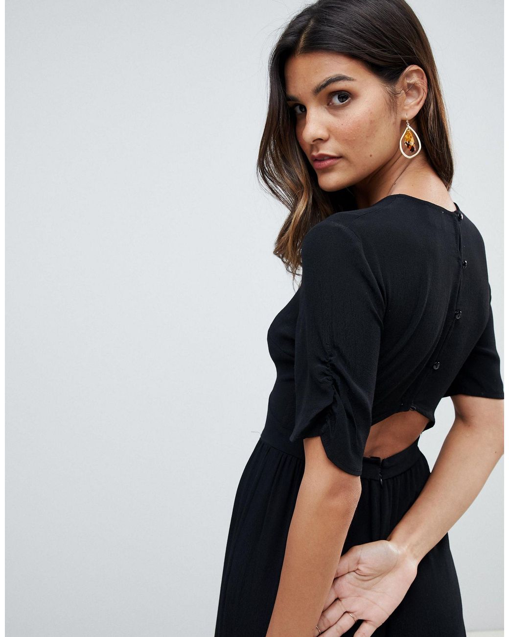asos design tea jumpsuit with ruched sleeve detail