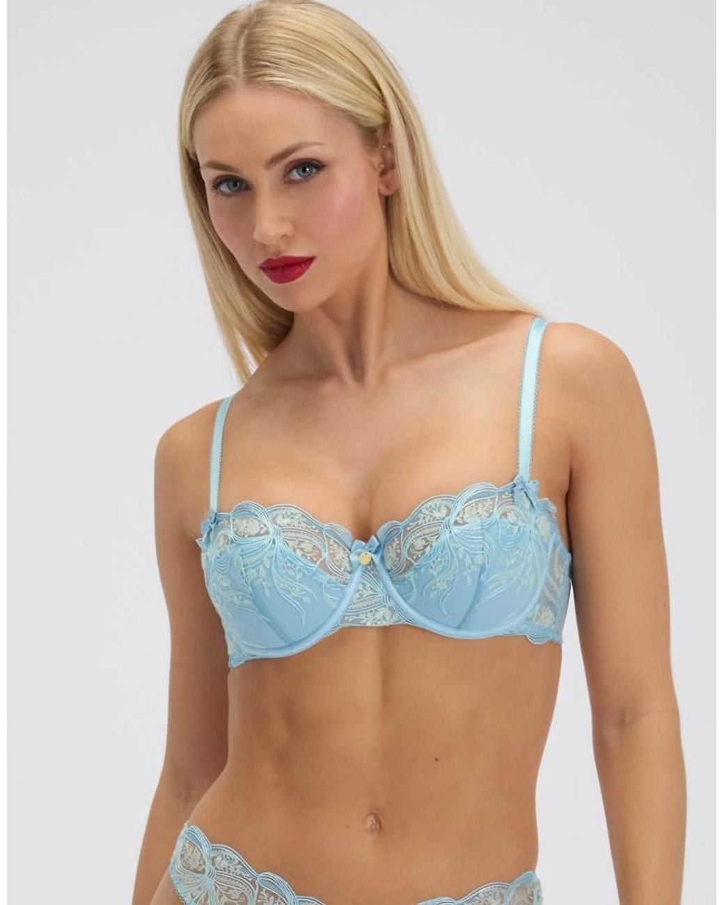 Boux Avenue Blue Jules Bow Embroidered Balconette Bra Underwired Lingerie