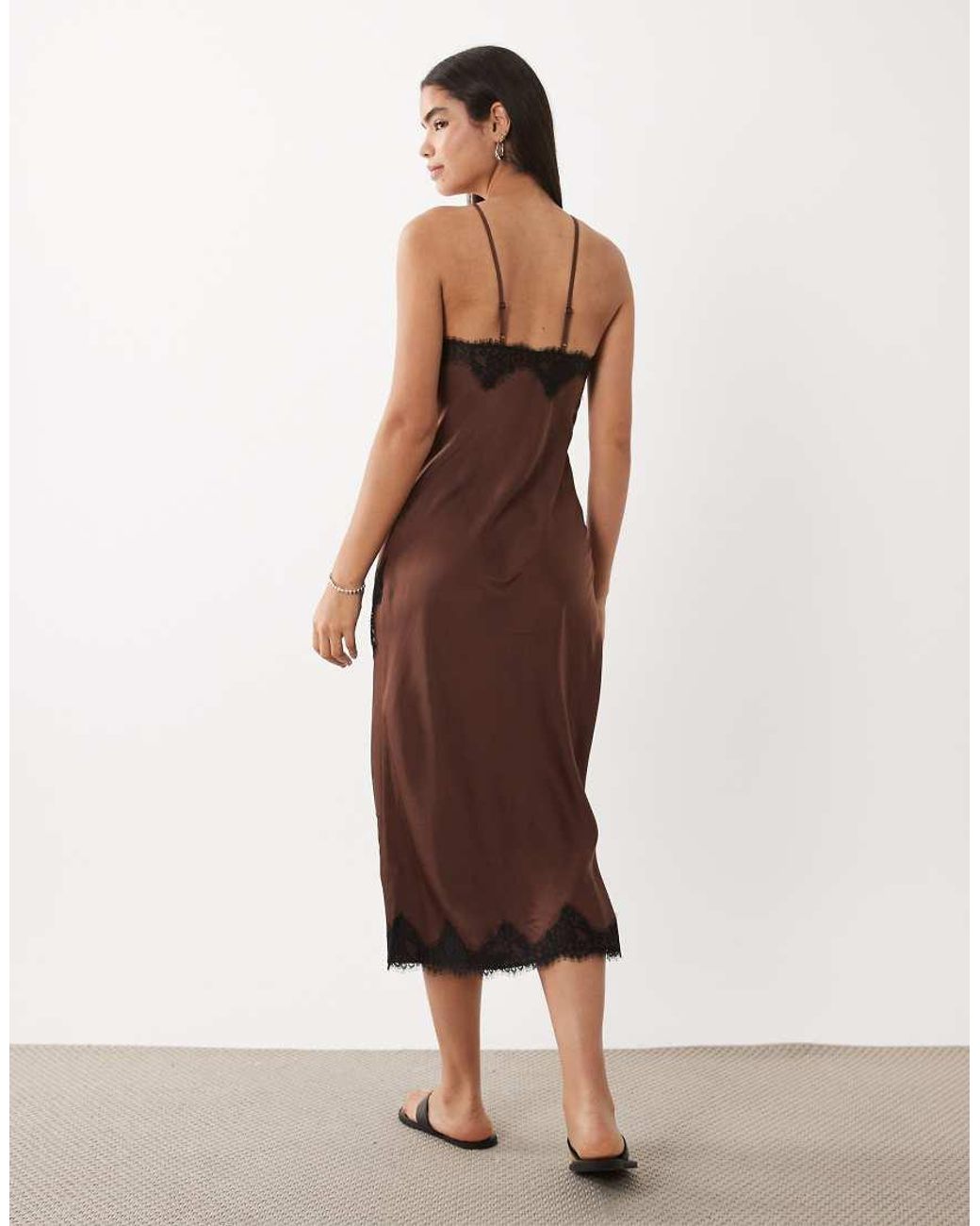 New Look Brown Asymmetric Halterneck Satin Lace Midi Dress