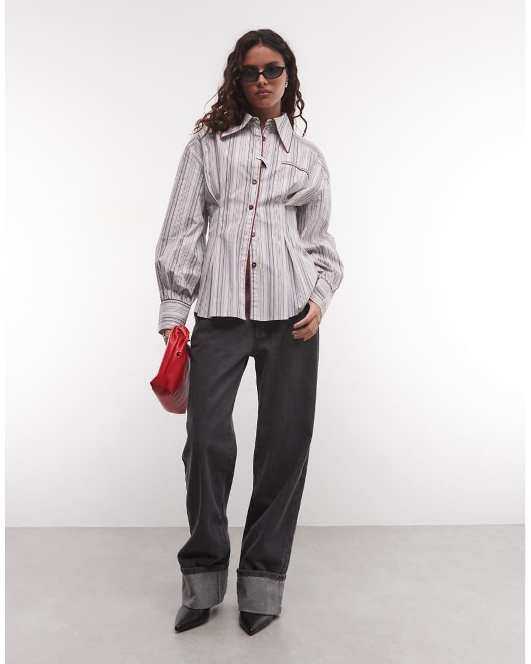 Muse Assembly Multicolor Western Balloon Sleeve Sinched Waist Stripe Shirt