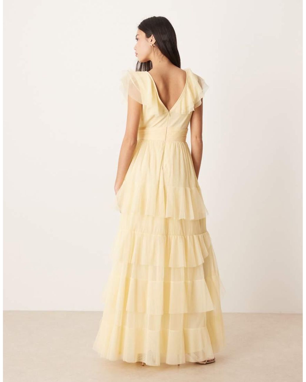 LACE & BEADS Natural Tulle Flutter Sleeve Tiered Frill Maxi Dress