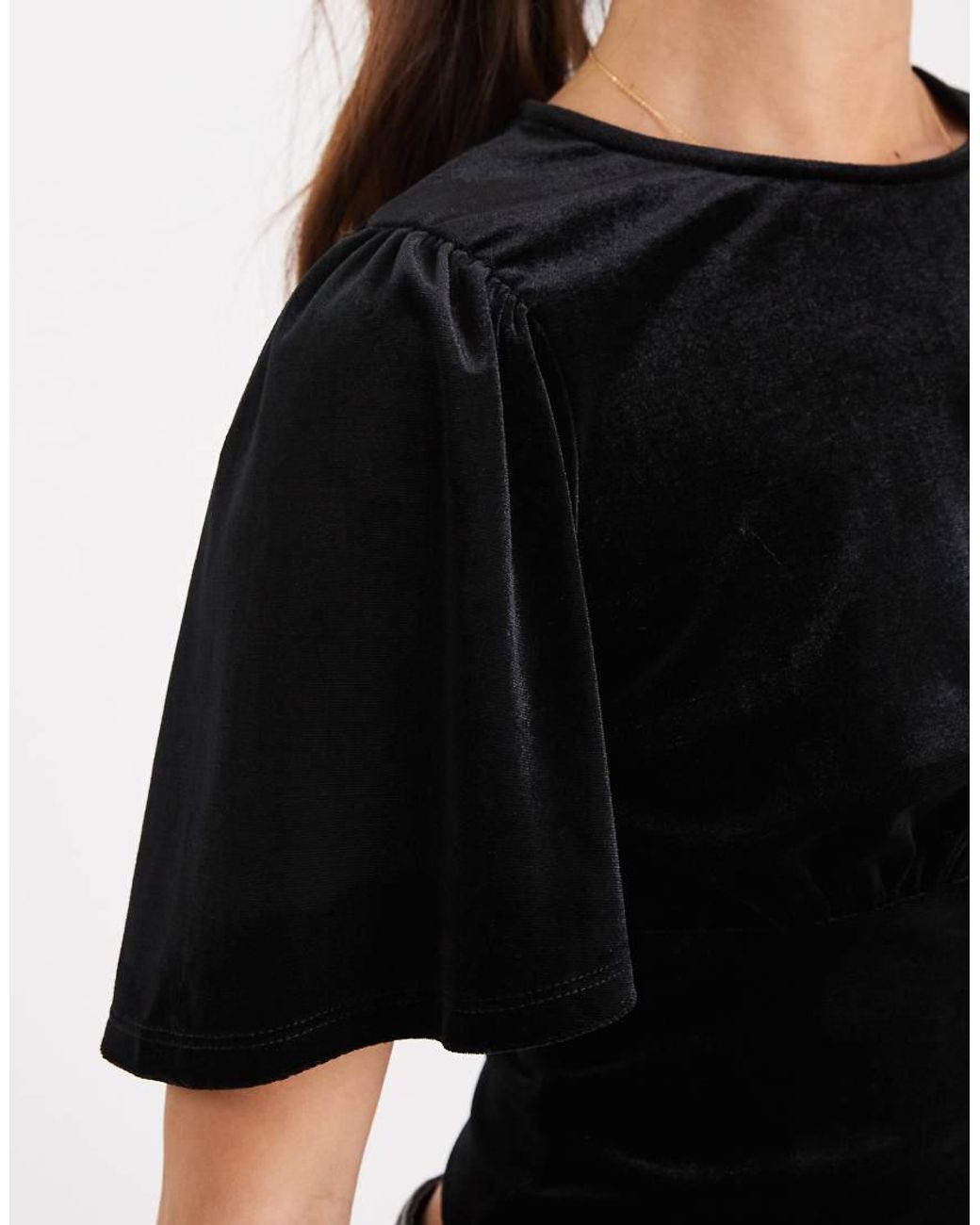 ASOS Black Velvet Puff Sleeve Top With Tie Back