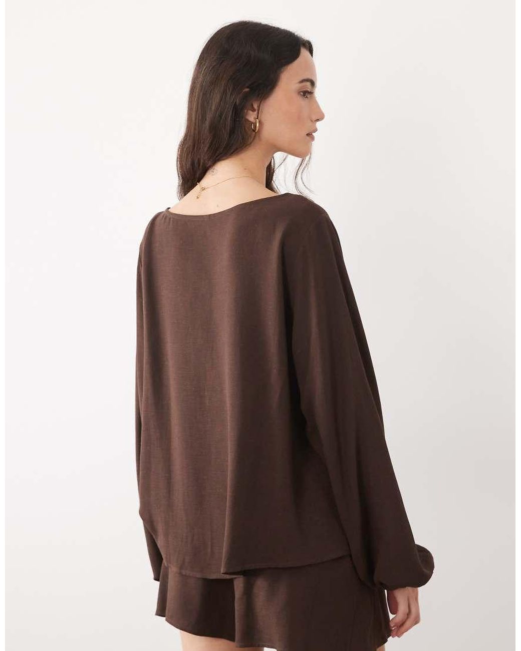 ASOS Brown Linen Blend Volume Sleeve Blouse Co Ord