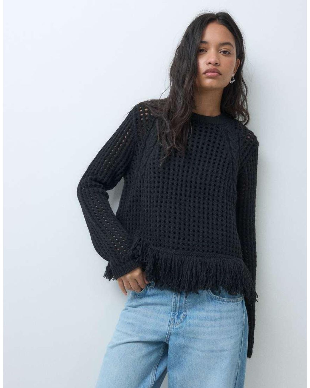 ASOS Blue Knitted Jumper With Cable Knit Detail And Fringe Hem