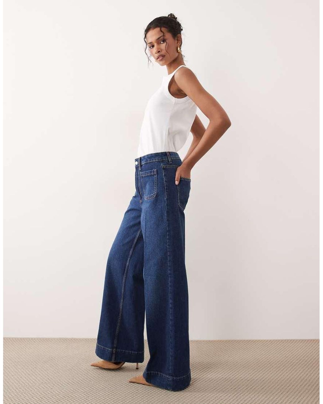 ASOS Blue High Rise Wide Leg Jeans With Front Pockets