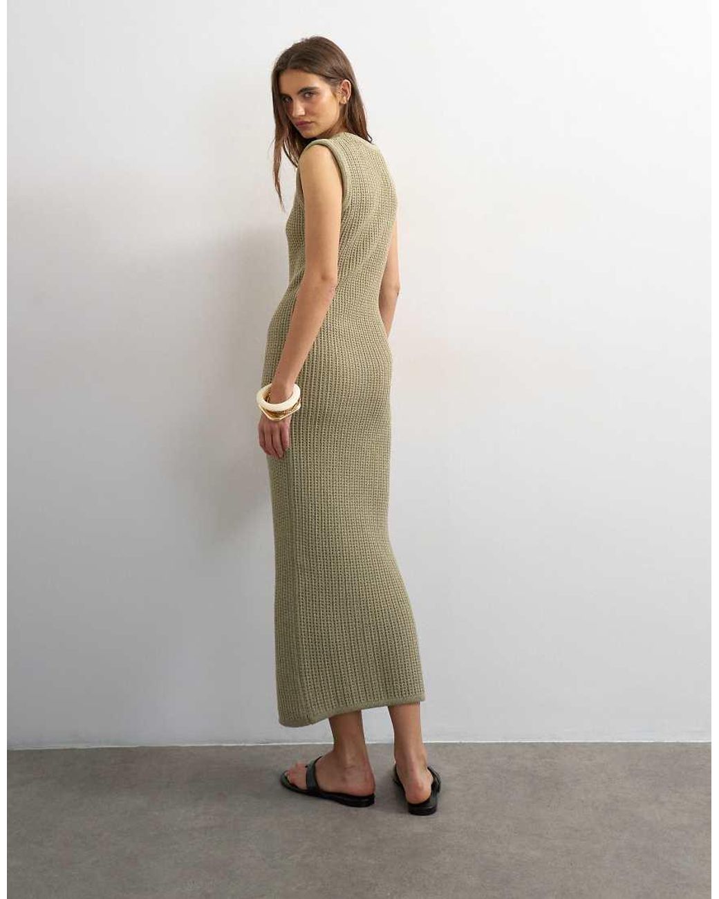TOPSHOP Green Knitted Tubular Trim Scoop Neck Maxi Dress