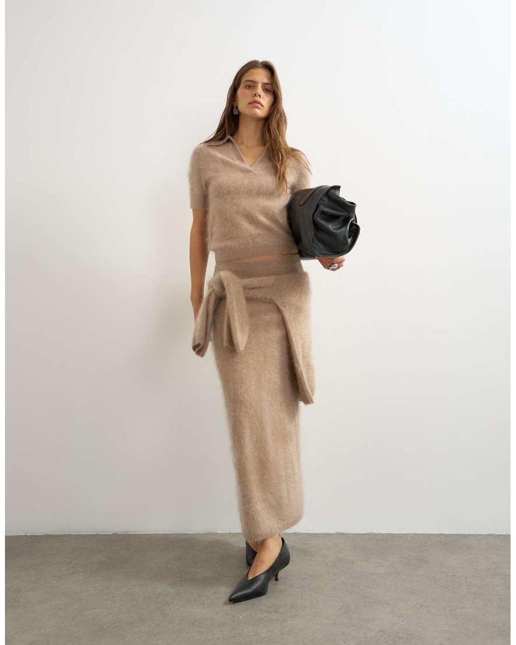 TOPSHOP Brown Knitted Mix And Match Brushed Pure Cashmere Premium Polo Top