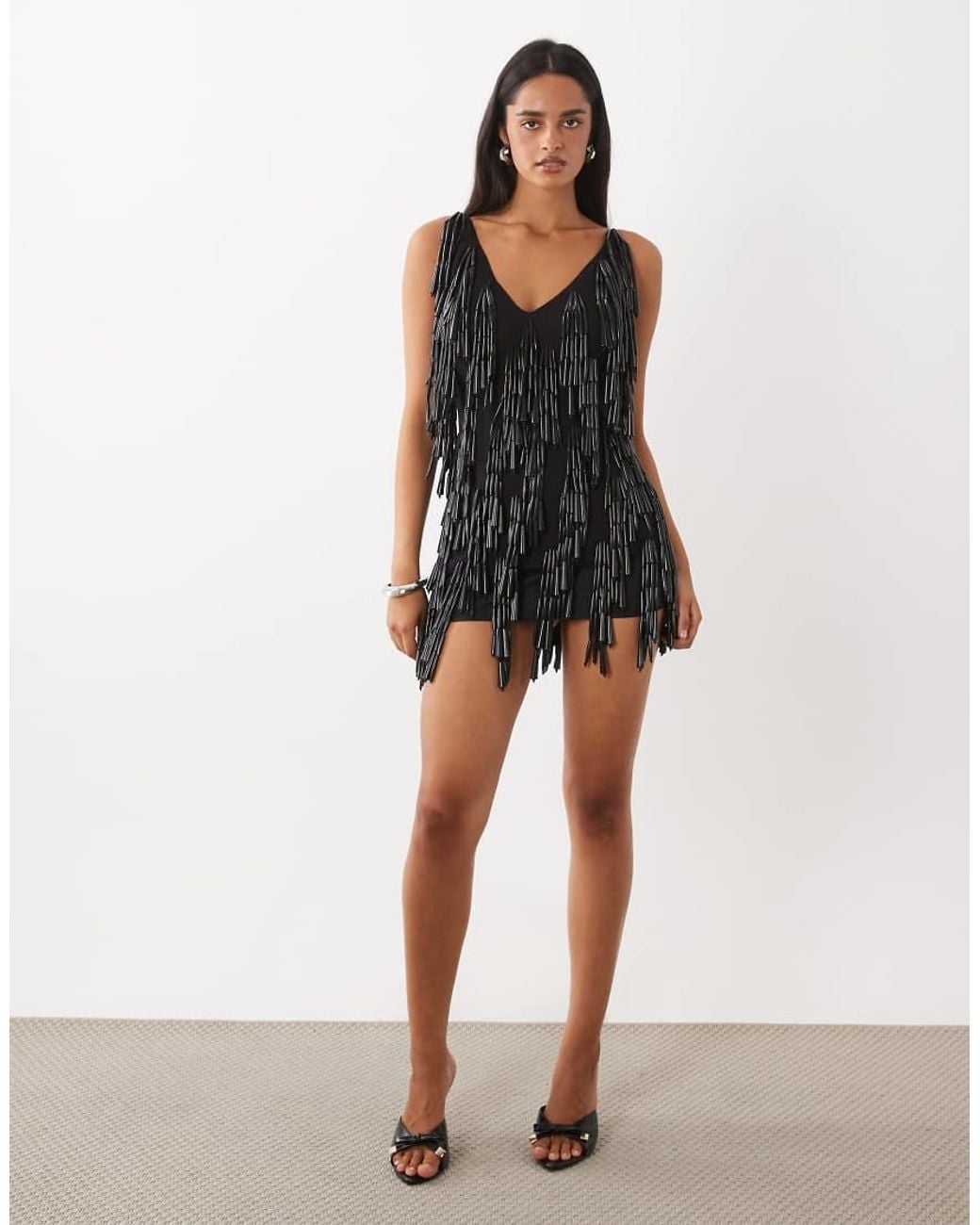 ASOS Black Plunge Cami Mini Dress With Chunky Beads
